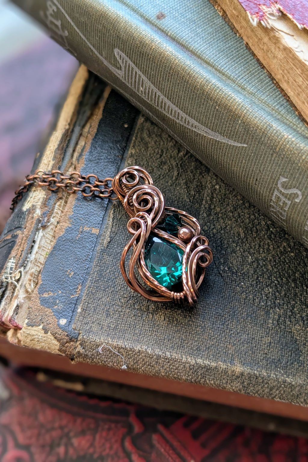 Green Cubic Zirconia and Copper Wire Wrap Necklace