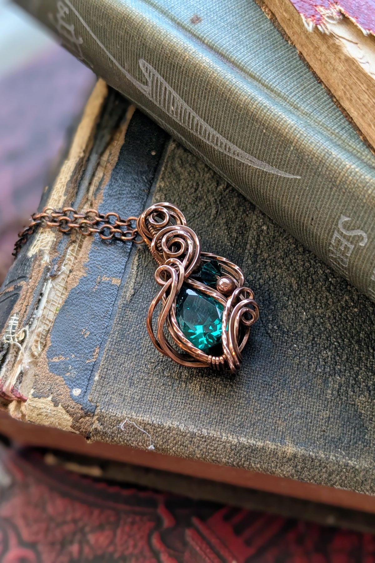 Green Cubic Zirconia and Copper Wire Wrap Necklace