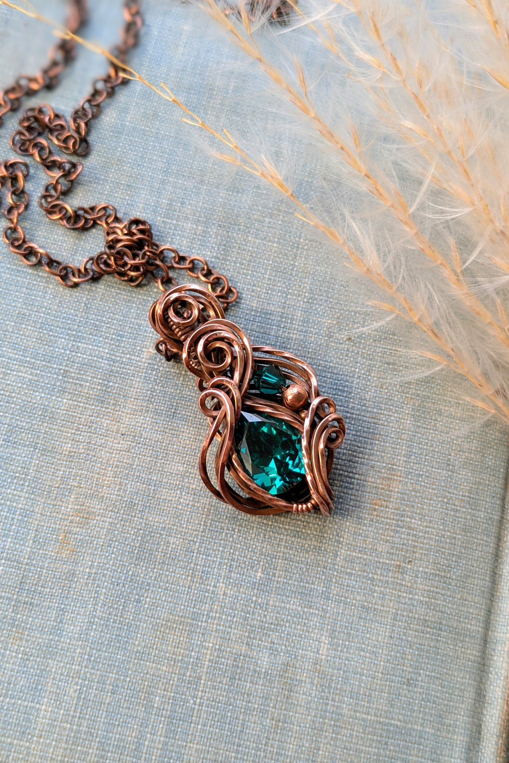 Green Cubic Zirconia and Copper Wire Wrap Necklace