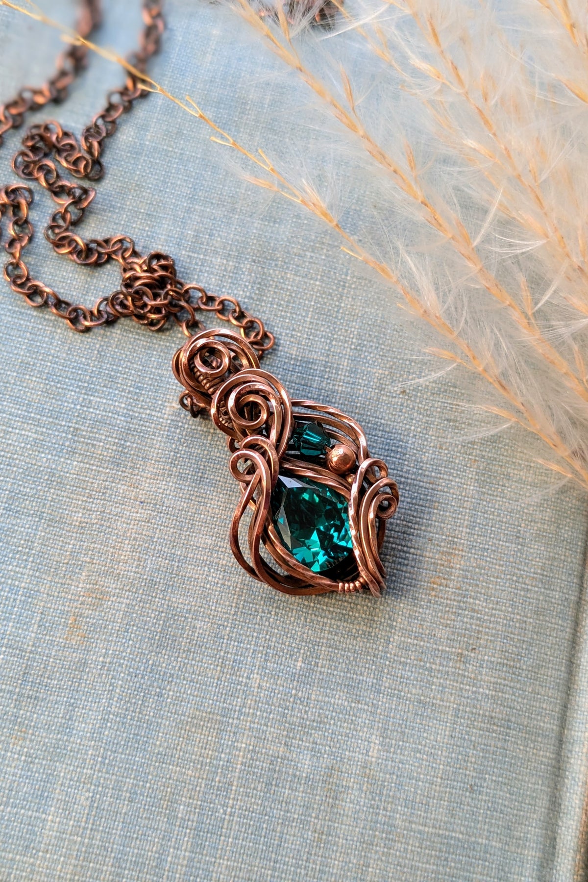 Green Cubic Zirconia and Copper Wire Wrap Necklace