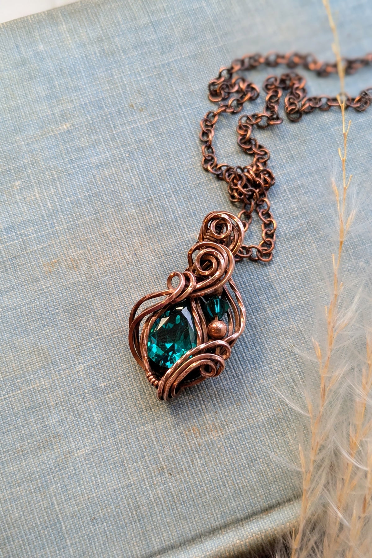 Green Cubic Zirconia and Copper Wire Wrap Necklace