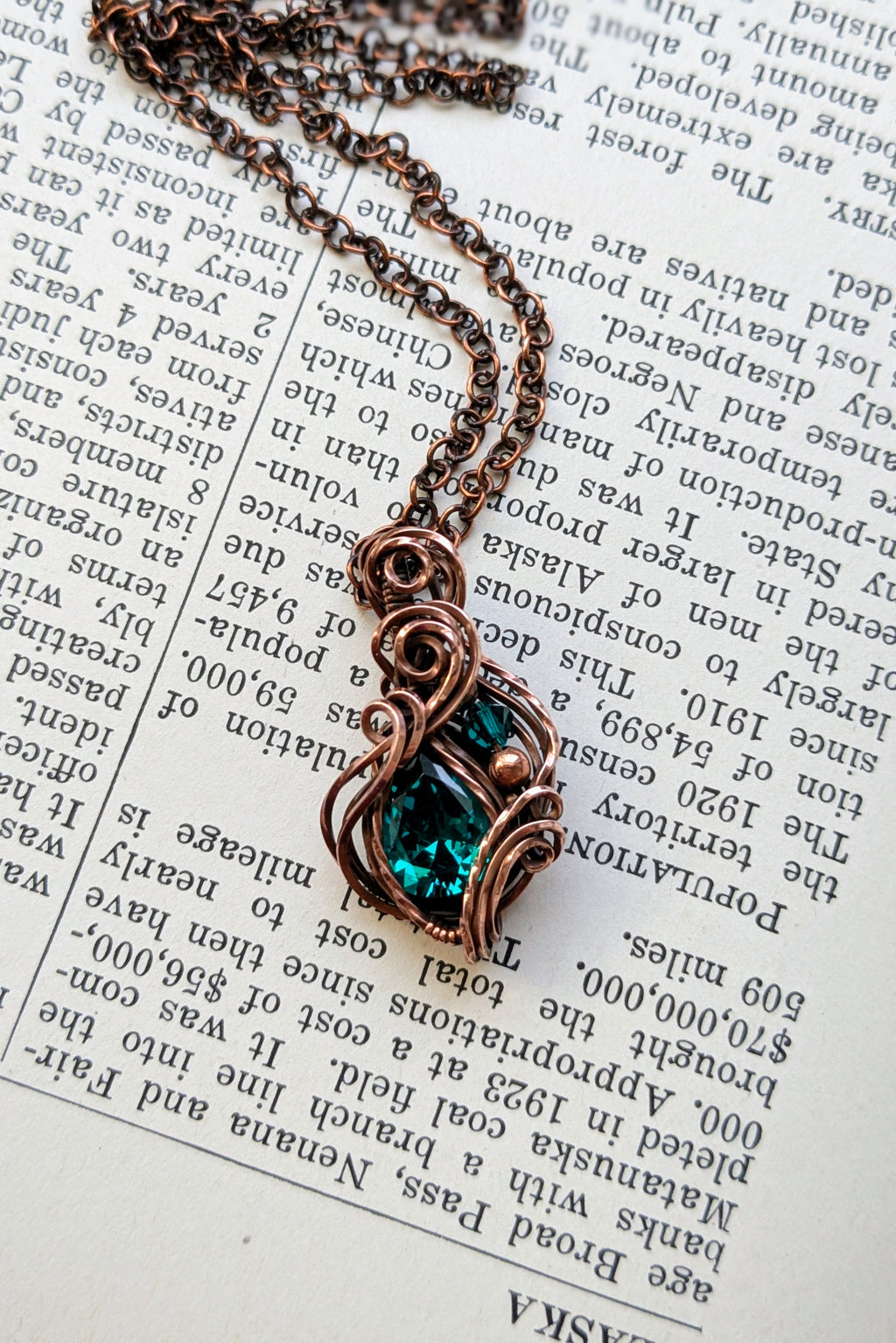 Green Cubic Zirconia and Copper Wire Wrap Necklace