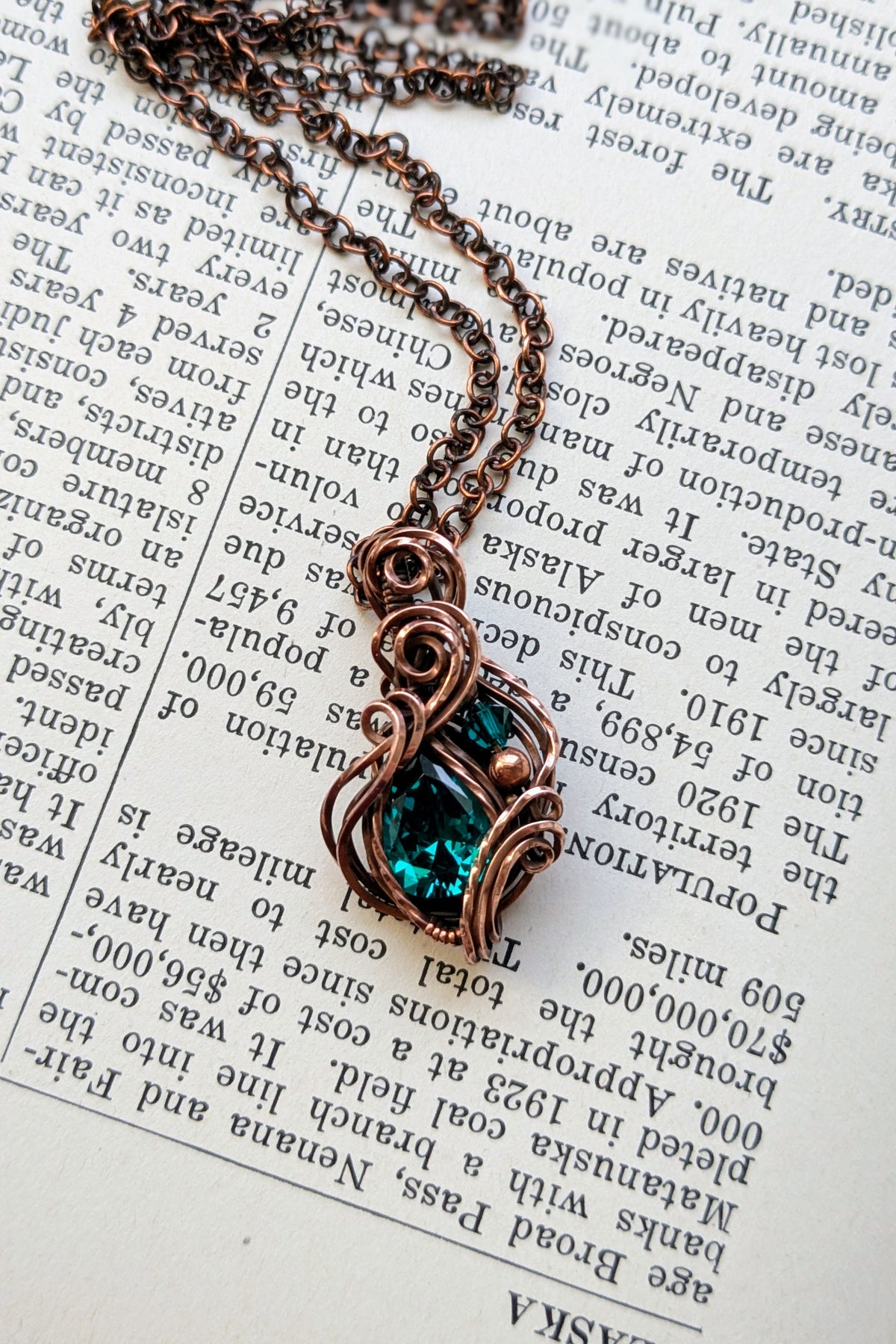 Green Cubic Zirconia and Copper Wire Wrap Necklace