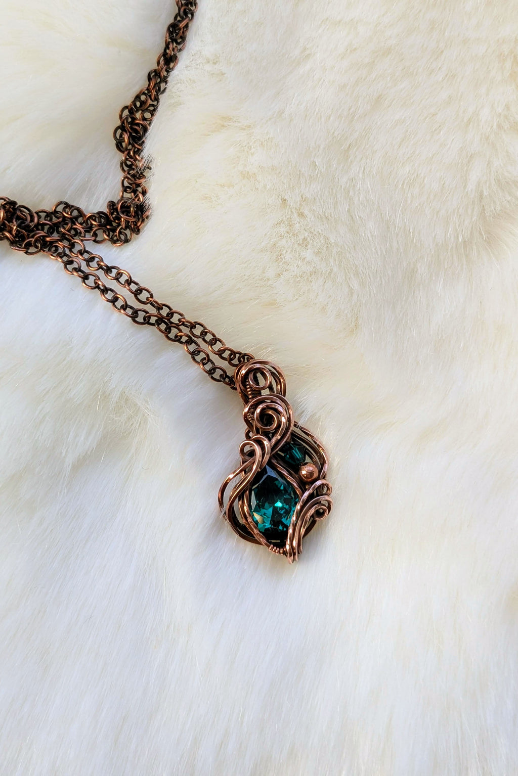Green Cubic Zirconia and Copper Wire Wrap Necklace