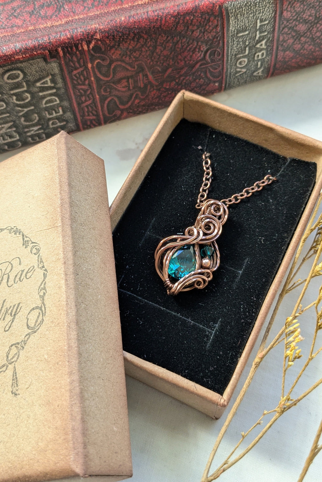 Green Cubic Zirconia and Copper Wire Wrap Necklace