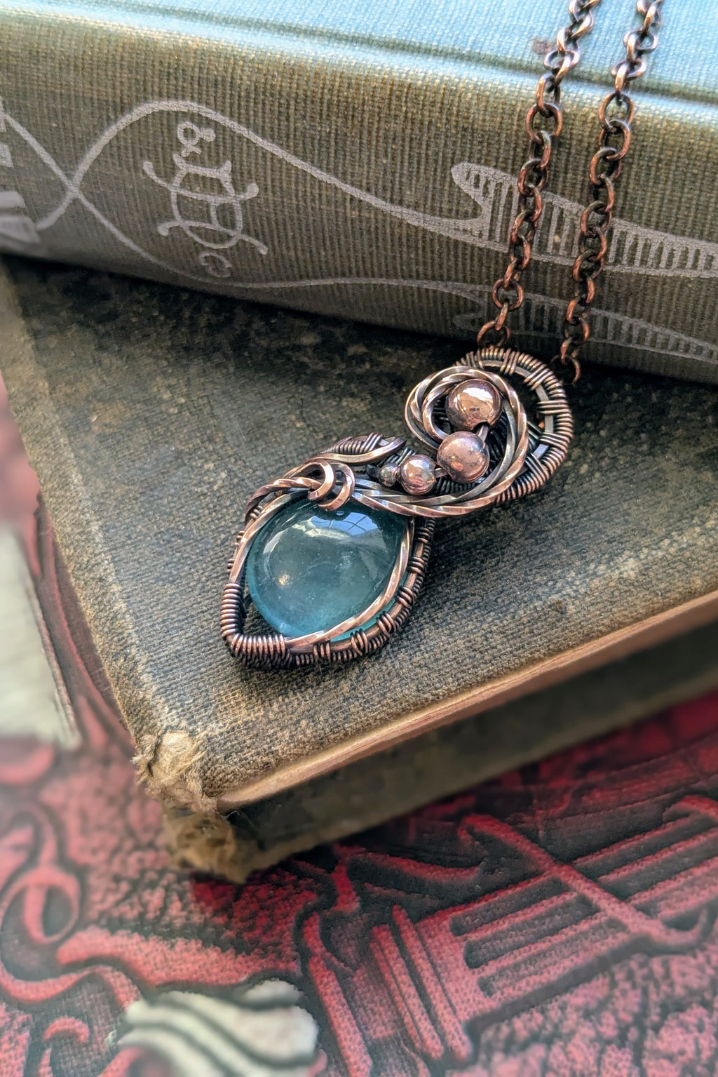 Teal Fluorite and Copper Wire Wrap Necklace