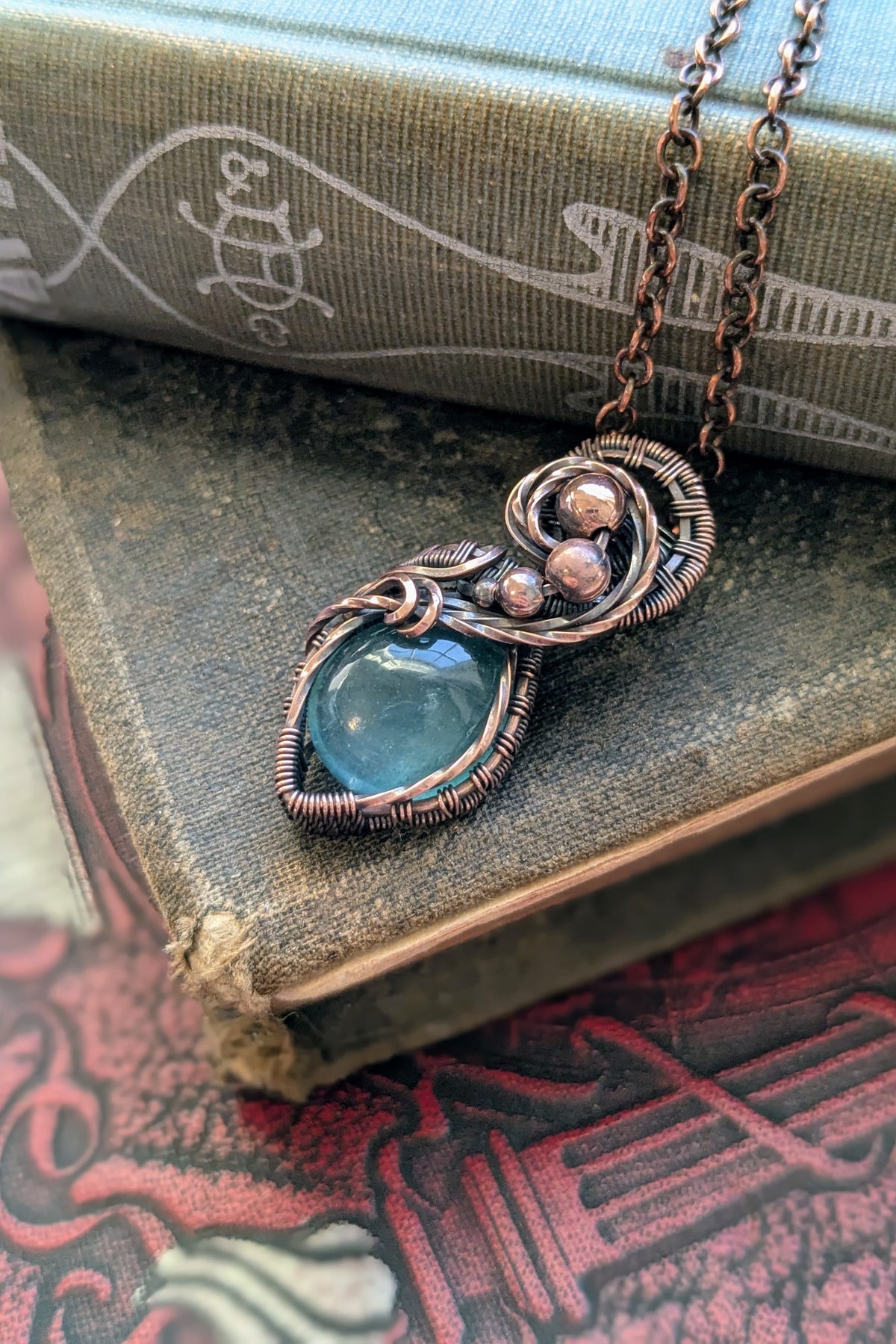 Teal Fluorite and Copper Wire Wrap Necklace