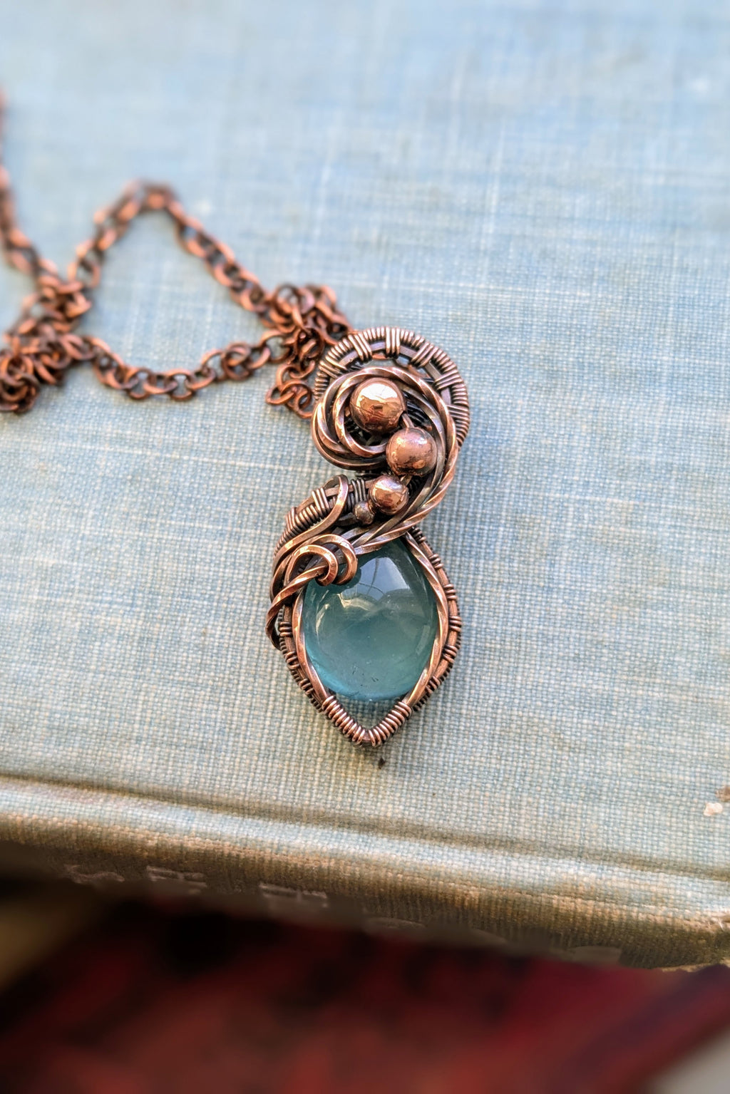 Teal Fluorite and Copper Wire Wrap Necklace