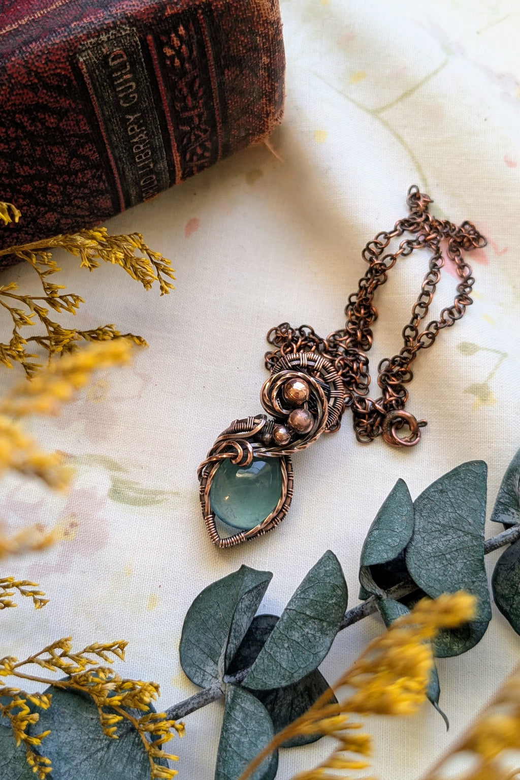 Teal Fluorite and Copper Wire Wrap Necklace