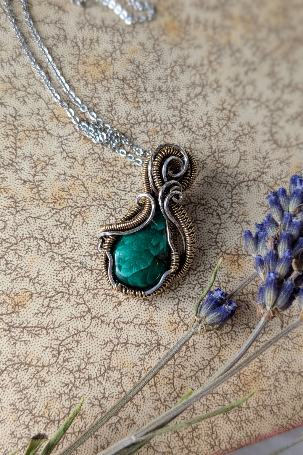 Handmade Malachite Wire Wrap Pendant Necklace, Bronze & Silver-Filled Wire