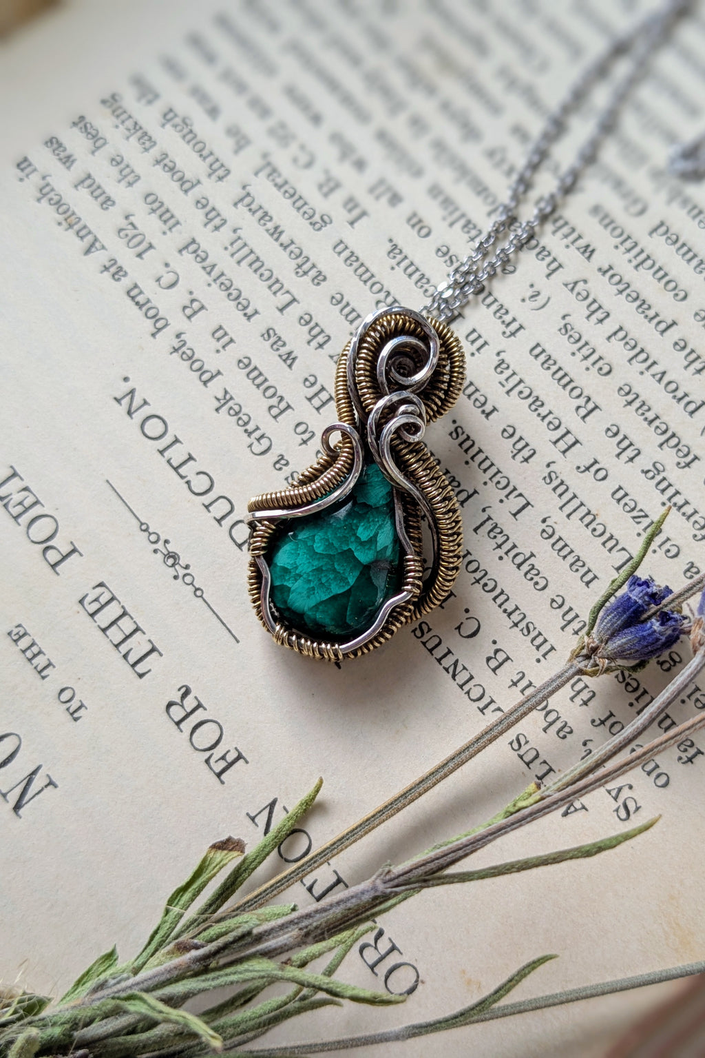 Handmade Malachite Wire Wrap Pendant Necklace, Bronze & Silver-Filled Wire