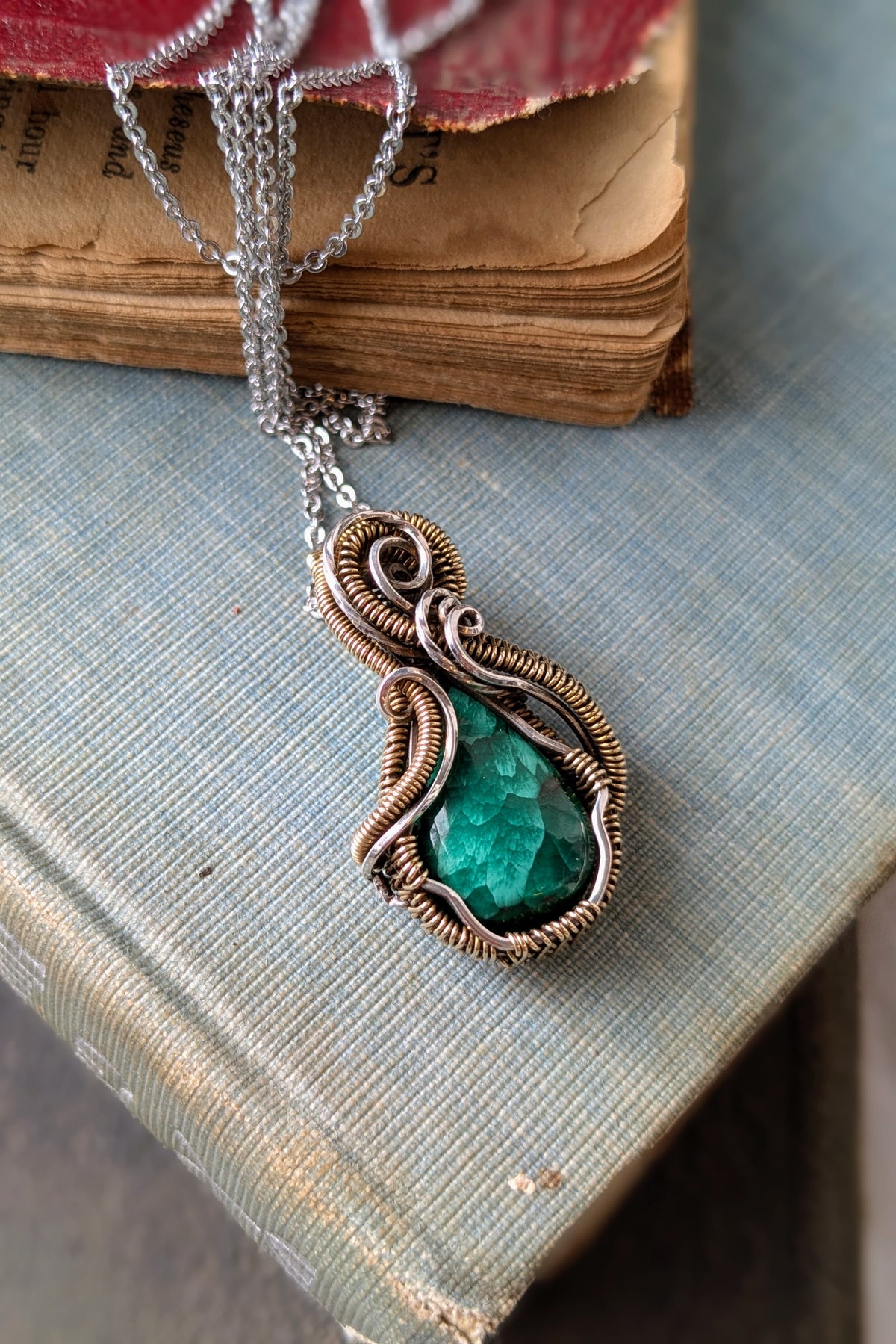 Handmade Malachite Wire Wrap Pendant Necklace, Bronze & Silver-Filled Wire