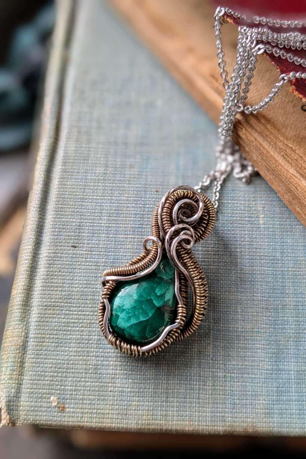 Handmade Malachite Wire Wrap Pendant Necklace, Bronze & Silver-Filled Wire
