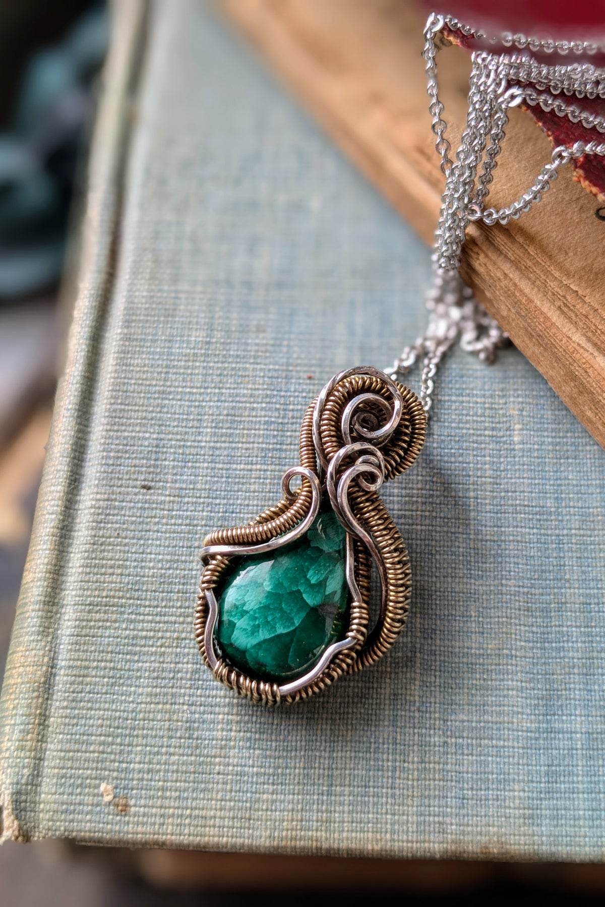 Handmade Malachite Wire Wrap Pendant Necklace, Bronze & Silver-Filled Wire