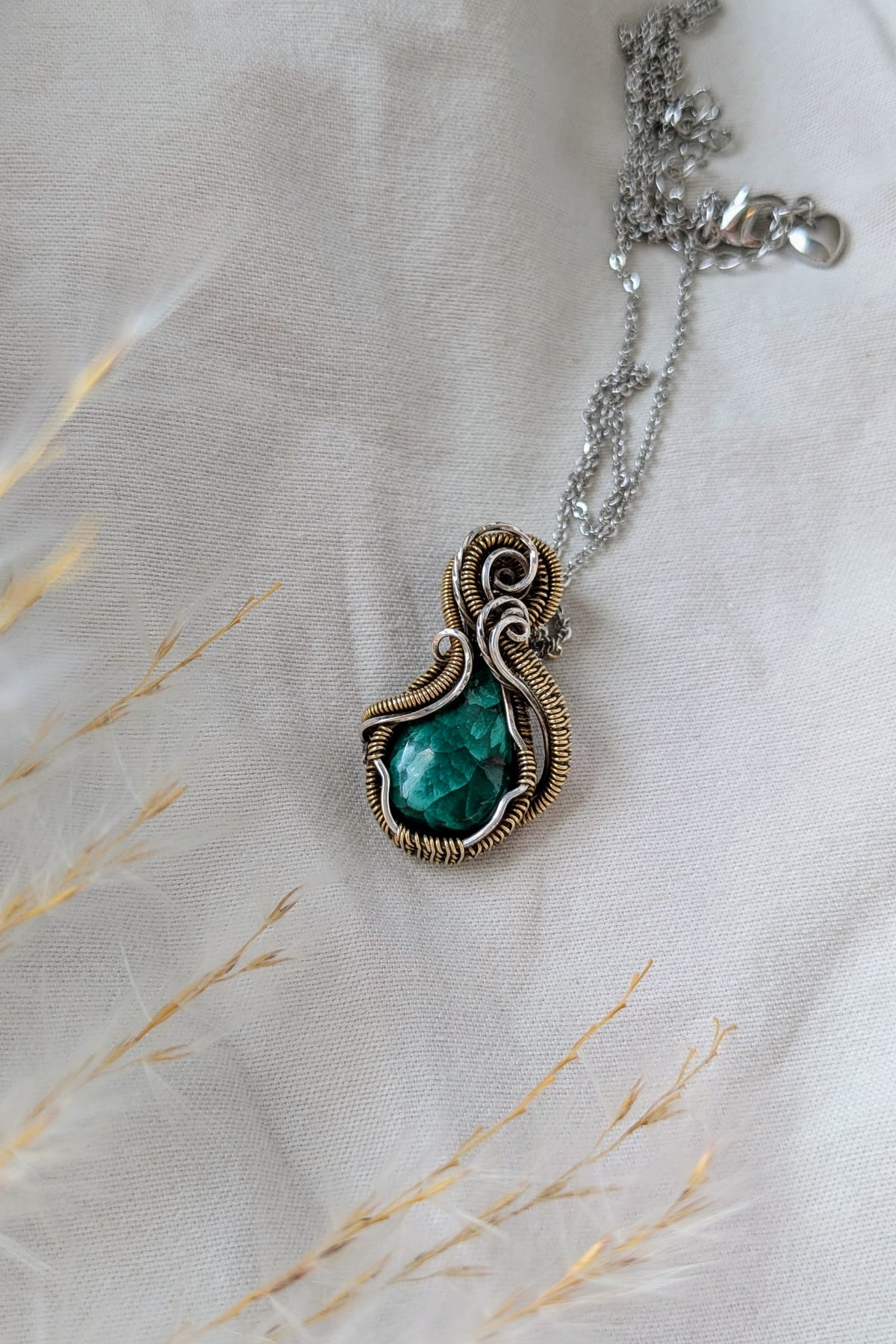 Handmade Malachite Wire Wrap Pendant Necklace, Bronze & Silver-Filled Wire