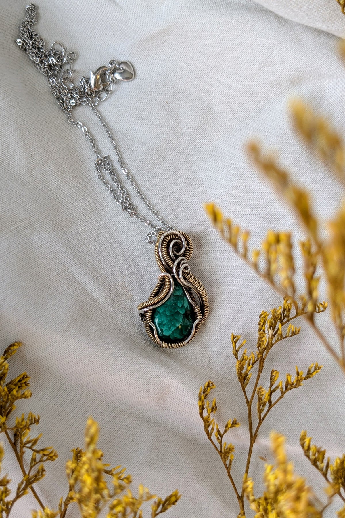Handmade Malachite Wire Wrap Pendant Necklace, Bronze & Silver-Filled Wire