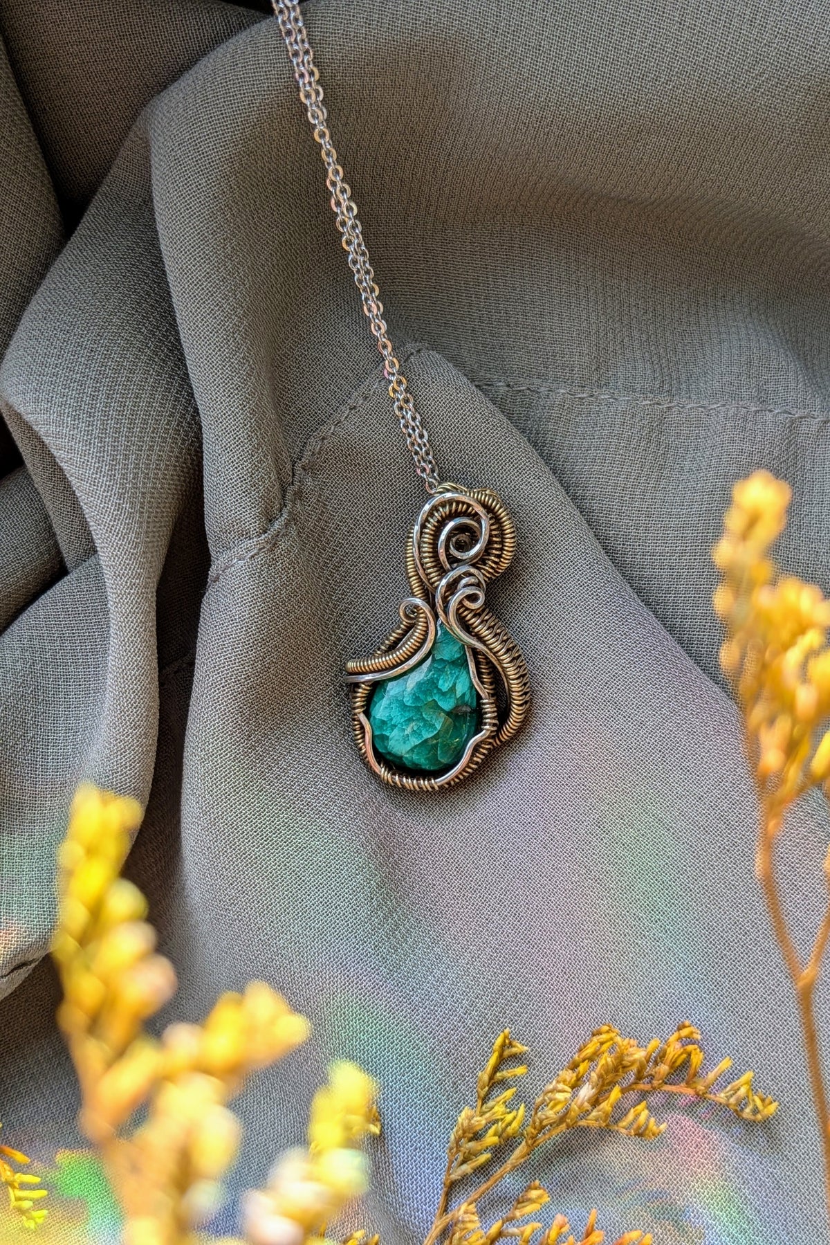 Handmade Malachite Wire Wrap Pendant Necklace, Bronze & Silver-Filled Wire