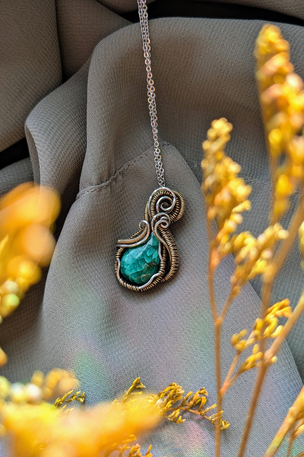 Handmade Malachite Wire Wrap Pendant Necklace, Bronze & Silver-Filled Wire