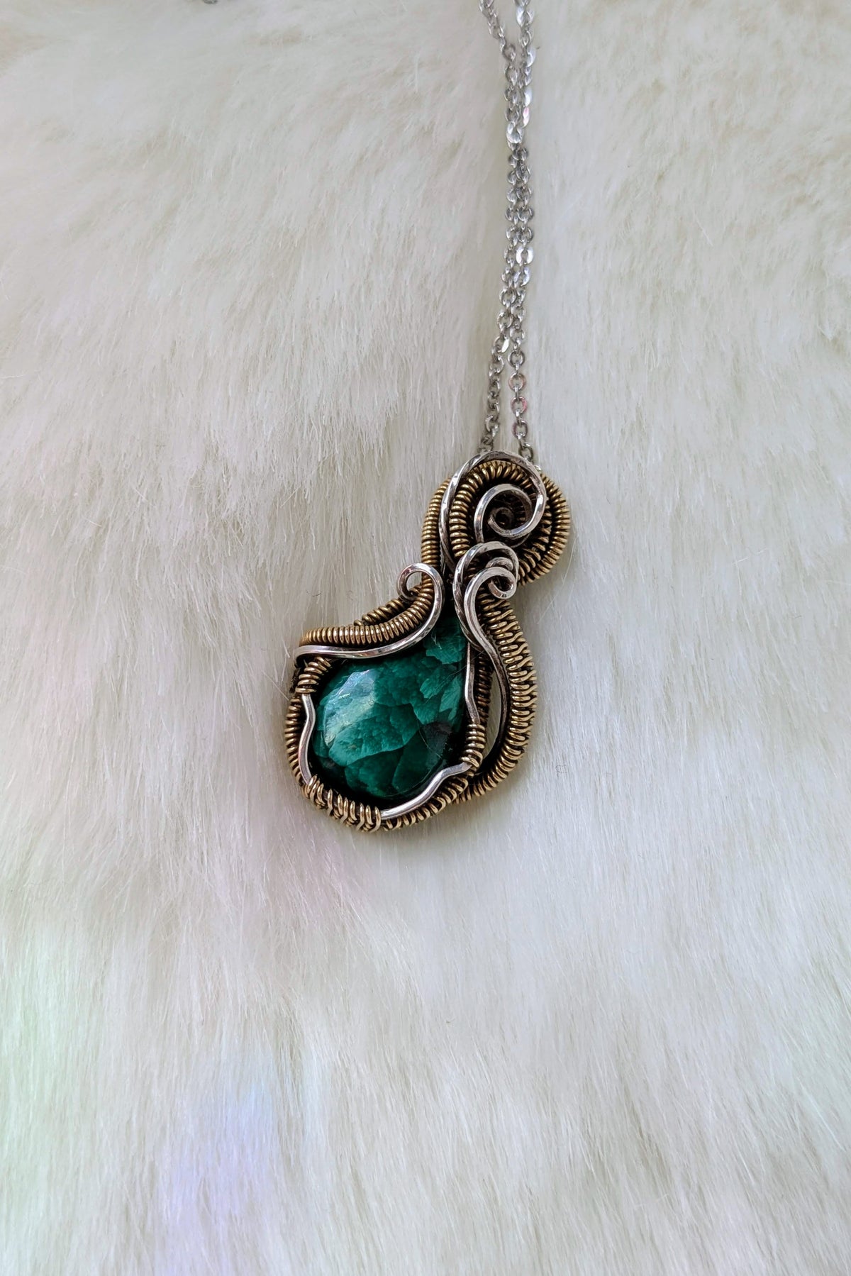 Handmade Malachite Wire Wrap Pendant Necklace, Bronze & Silver-Filled Wire