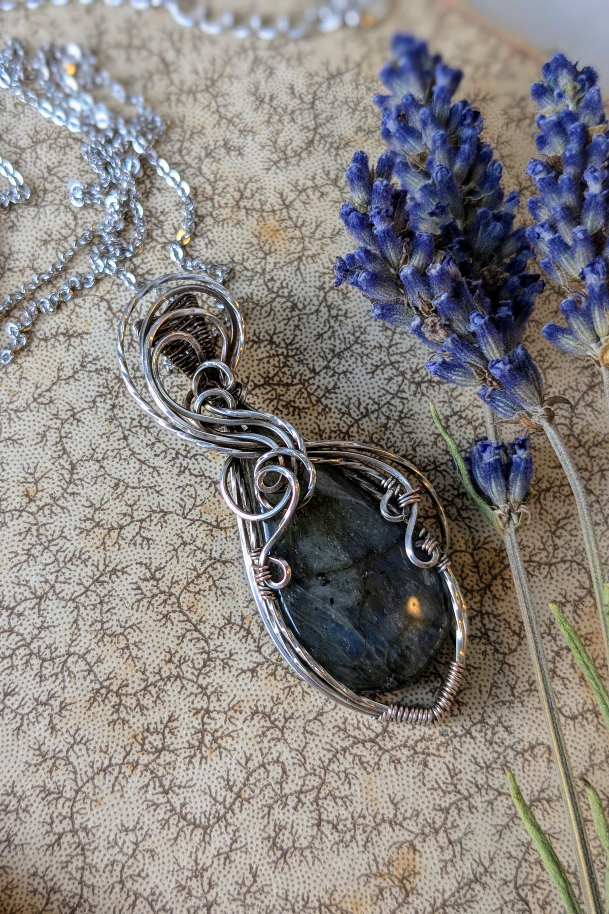 Labradorite and Silver Filled Wire Wrap Necklace
