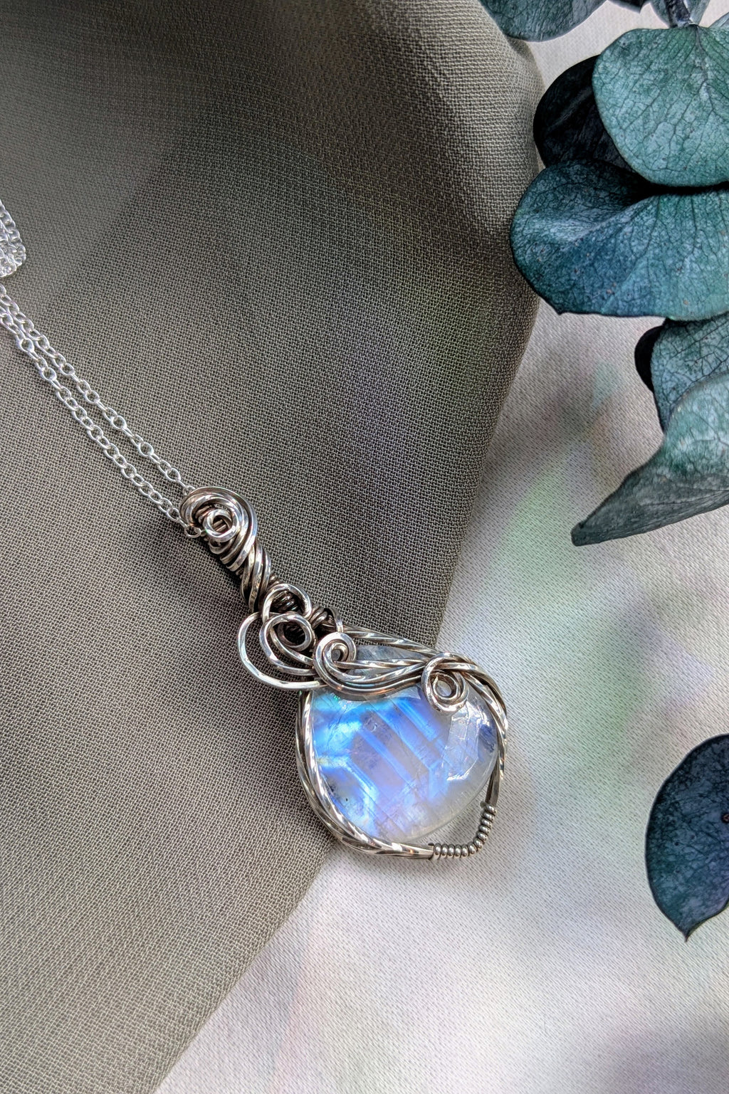 Rainbow Moonstone and Sterling Silver Wire Wrap Necklace