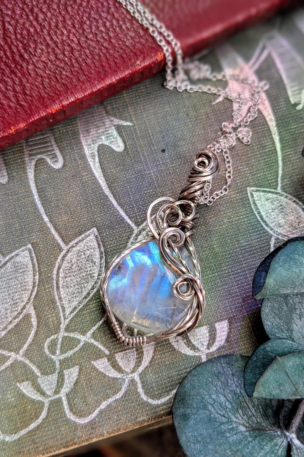 Rainbow Moonstone and Sterling Silver Wire Wrap Necklace