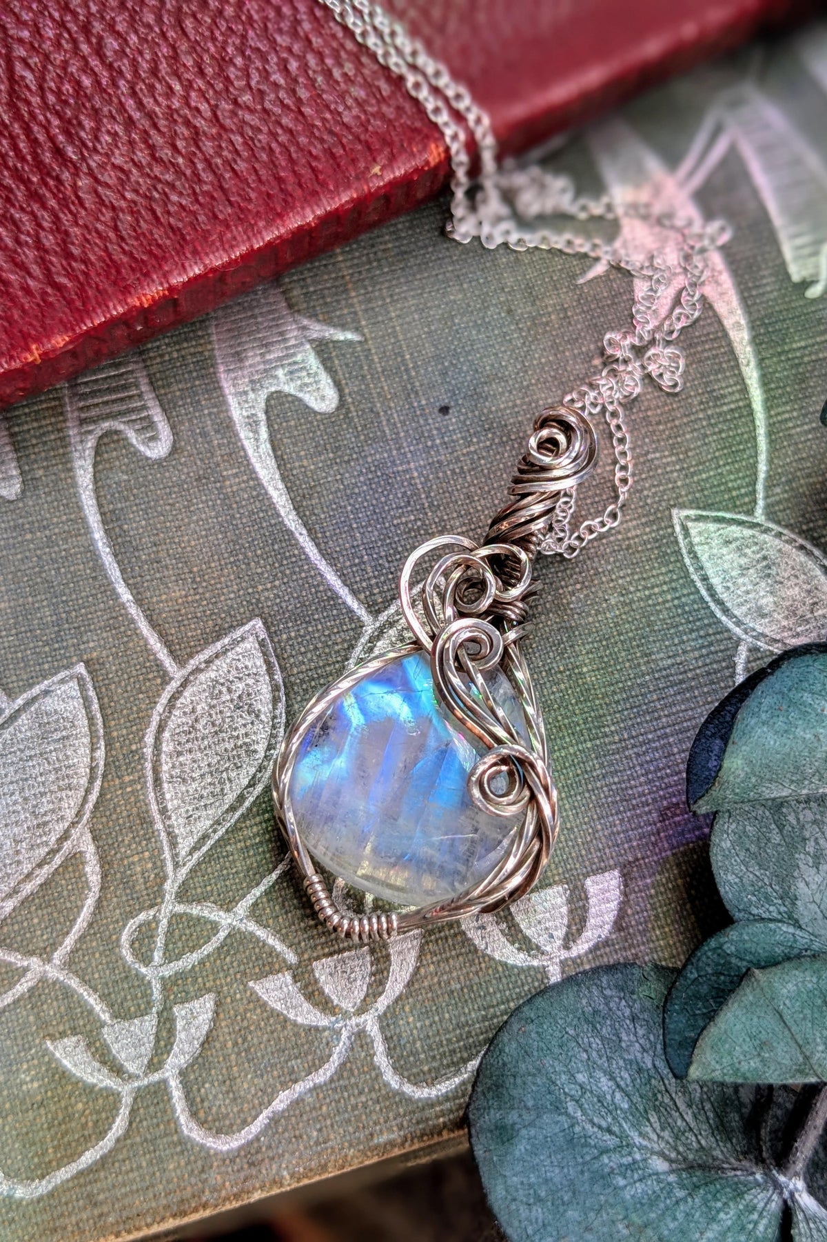 Rainbow Moonstone and Sterling Silver Wire Wrap Necklace