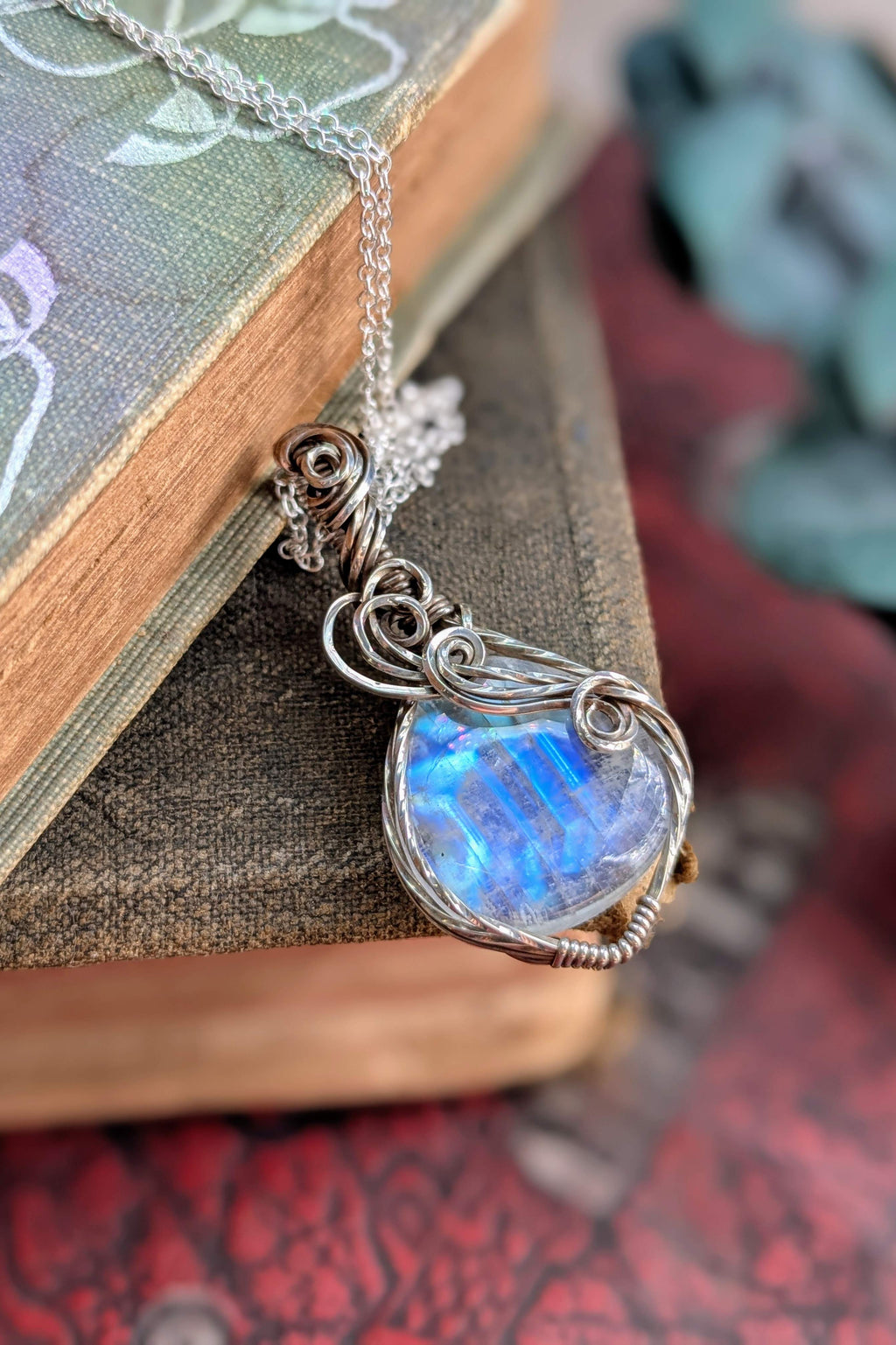 Rainbow Moonstone and Sterling Silver Wire Wrap Necklace