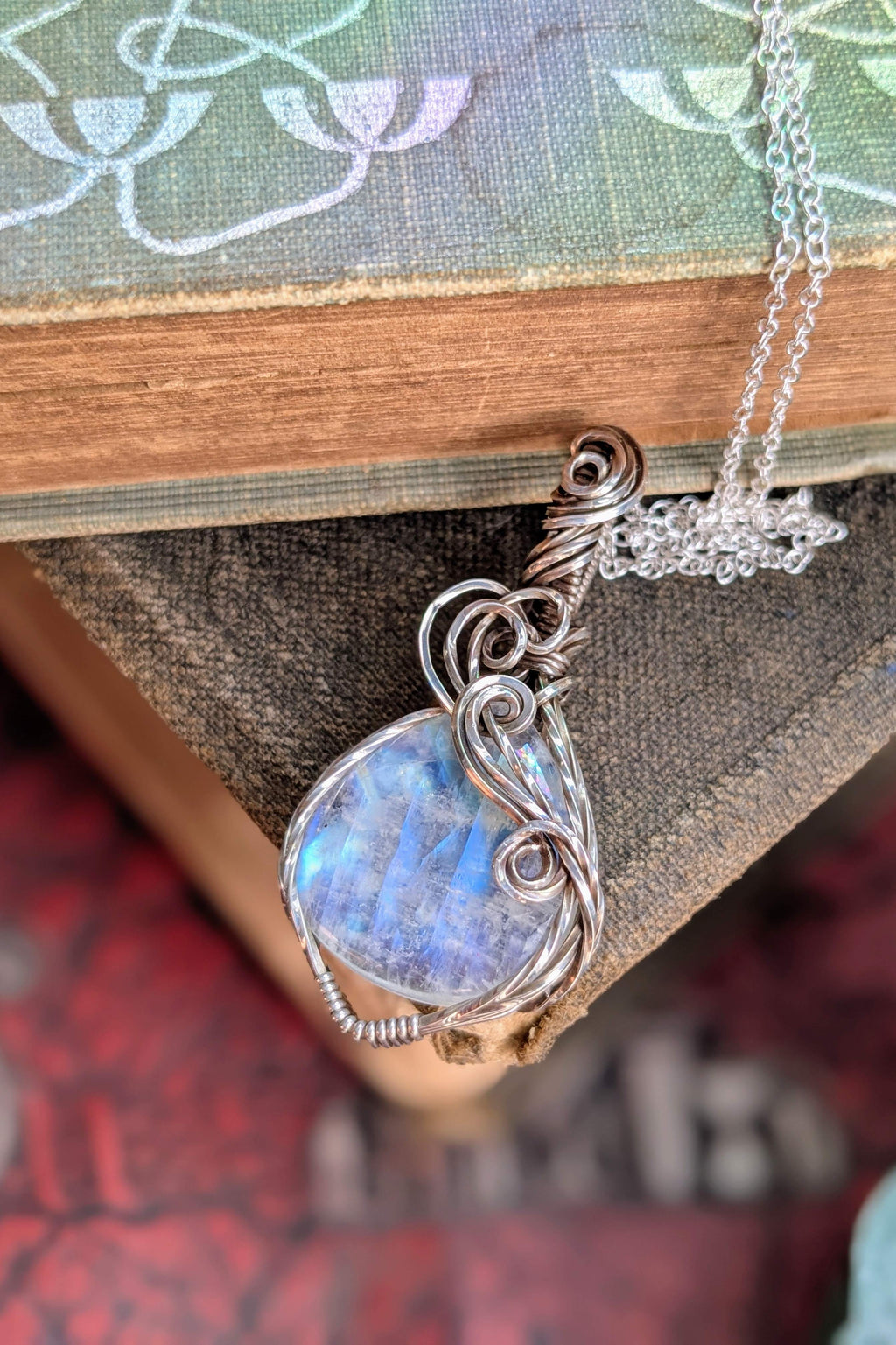 Rainbow Moonstone and Sterling Silver Wire Wrap Necklace