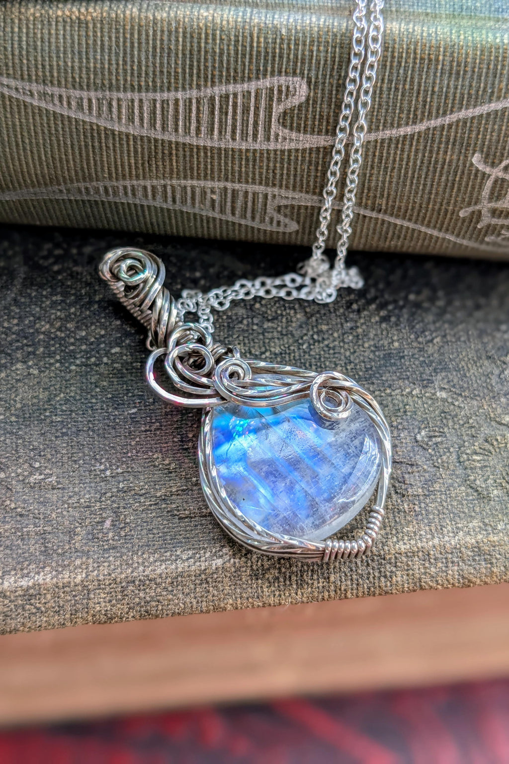 Rainbow Moonstone and Sterling Silver Wire Wrap Necklace