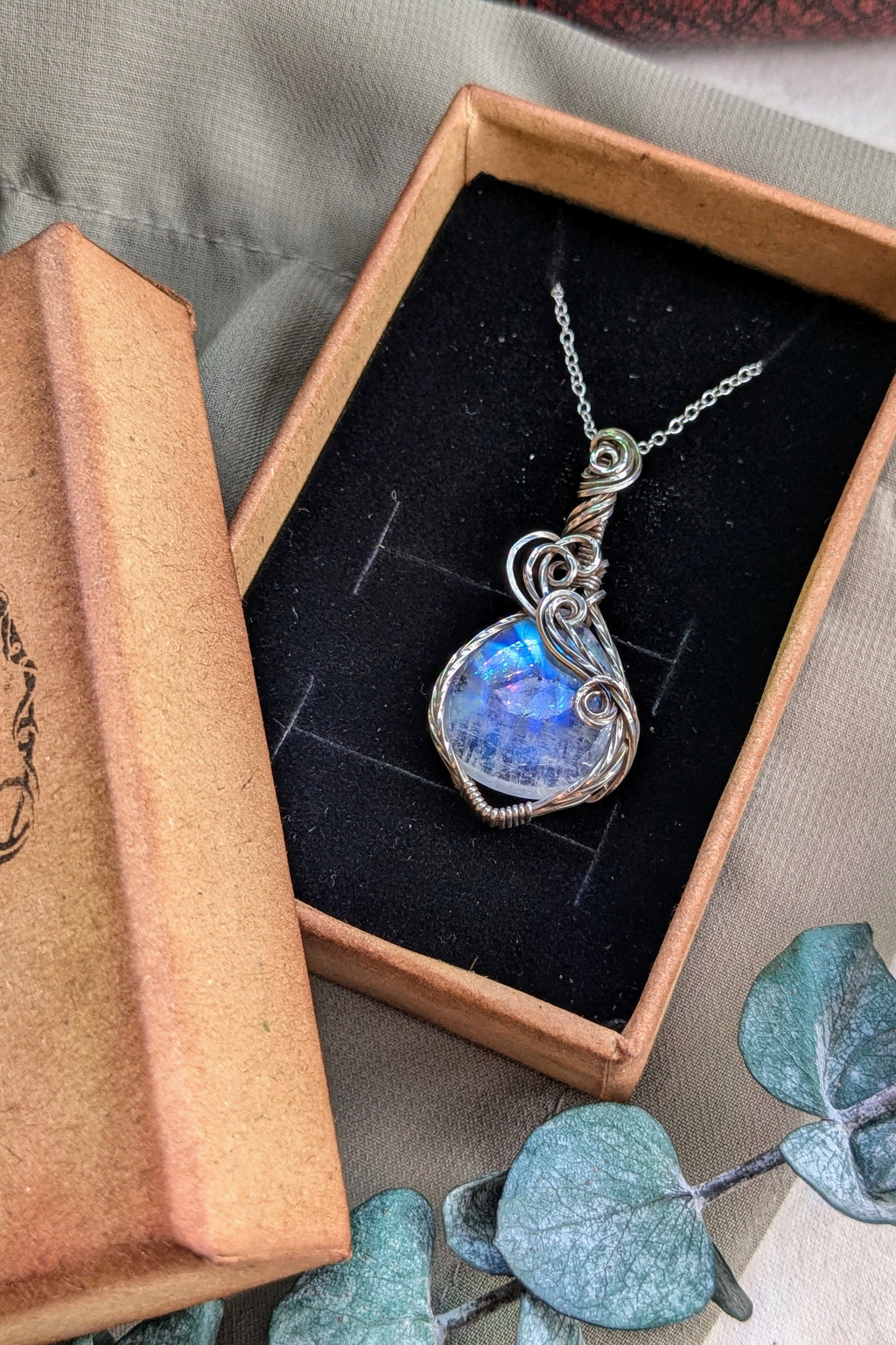 Rainbow Moonstone and Sterling Silver Wire Wrap Necklace