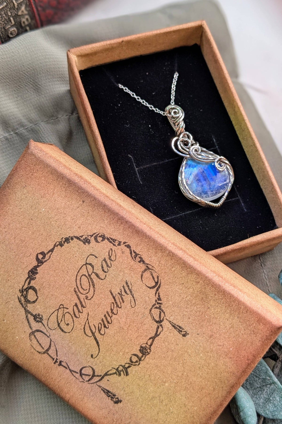 Rainbow Moonstone and Sterling Silver Wire Wrap Necklace