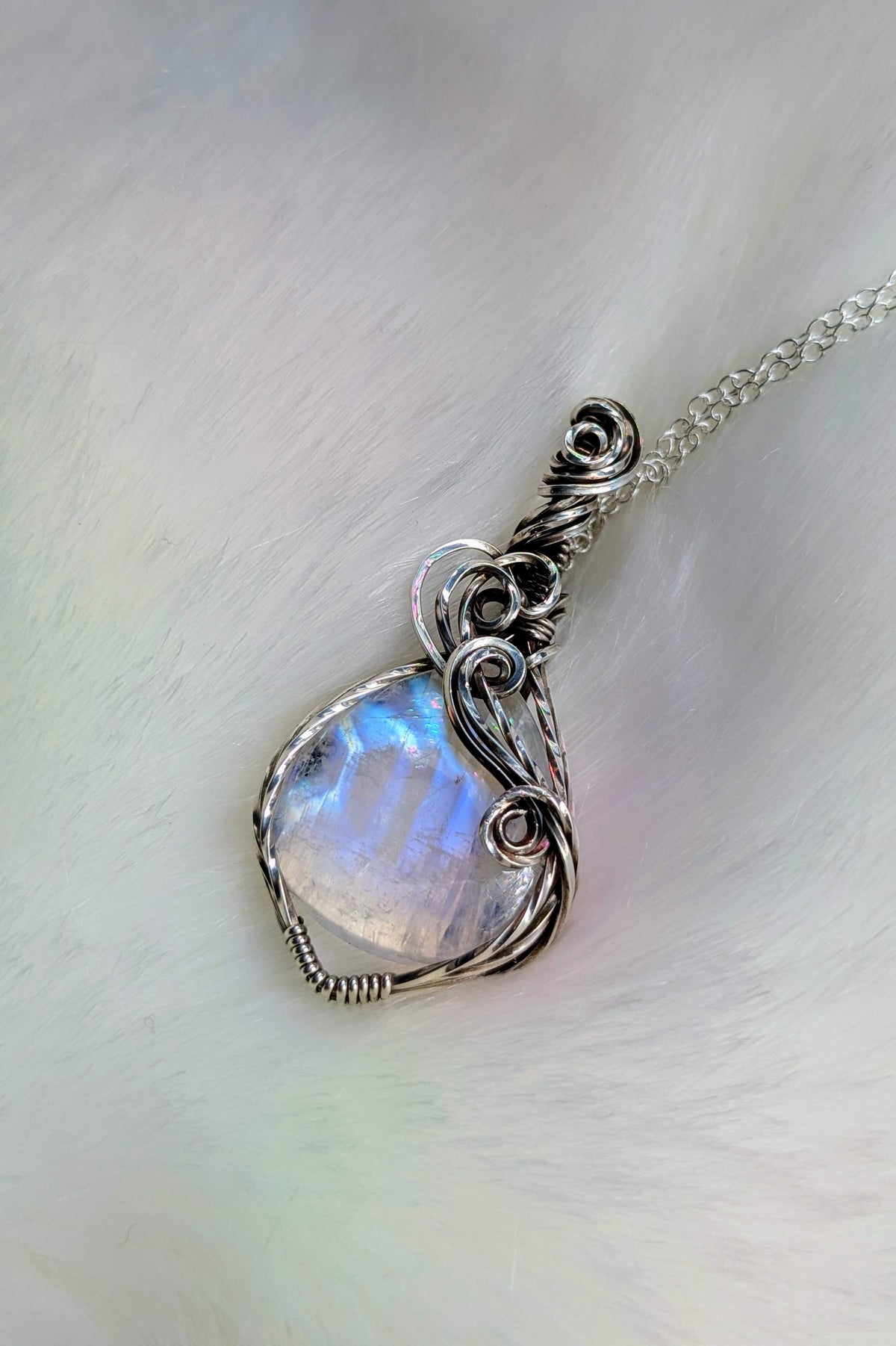 Rainbow Moonstone and Sterling Silver Wire Wrap Necklace