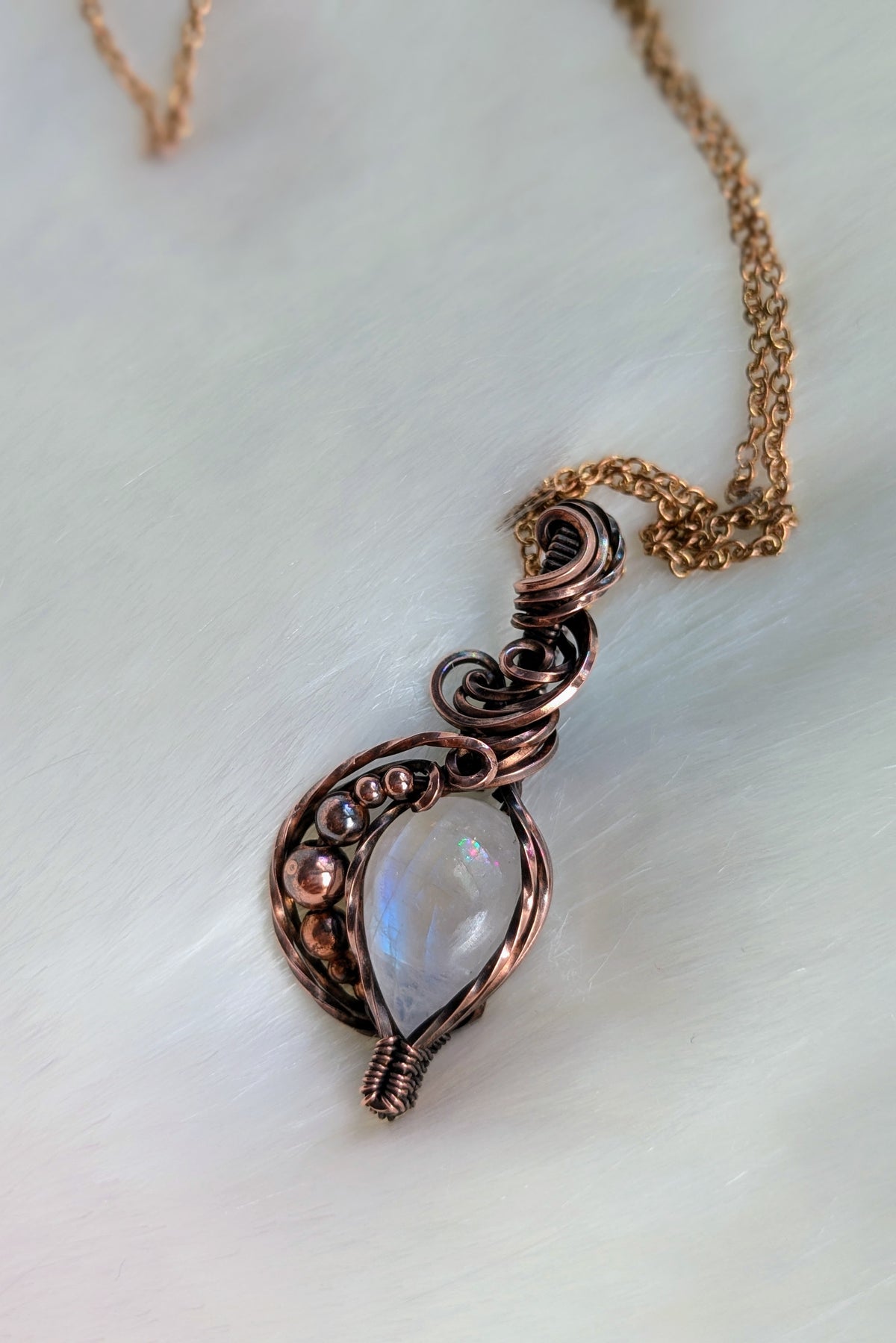 Moonstone and Copper Wire Wrap Necklace