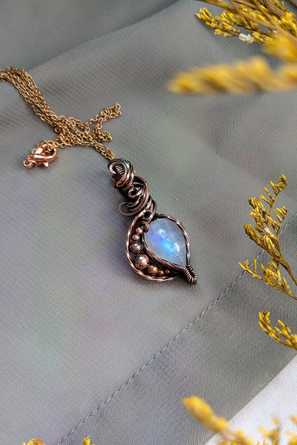 Moonstone and Copper Wire Wrap Necklace