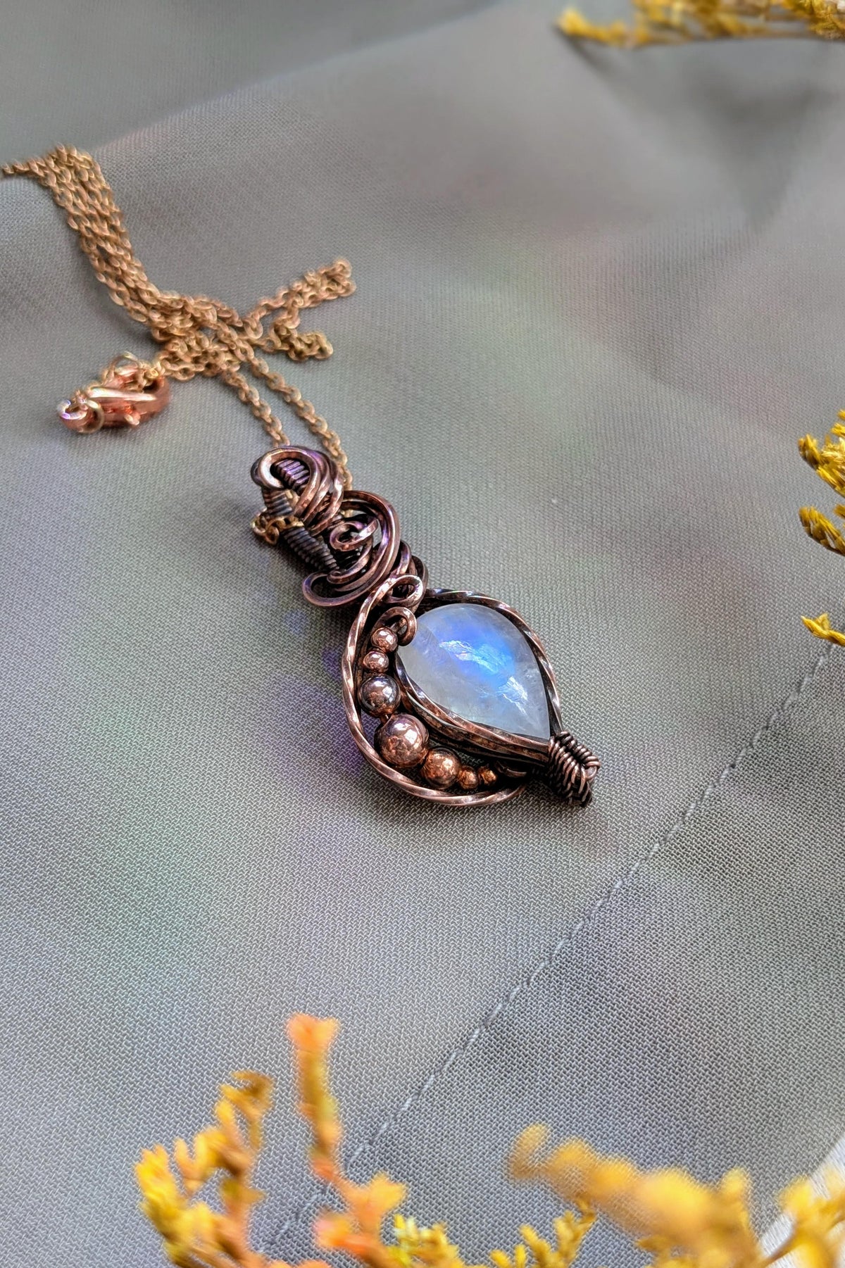 Moonstone and Copper Wire Wrap Necklace