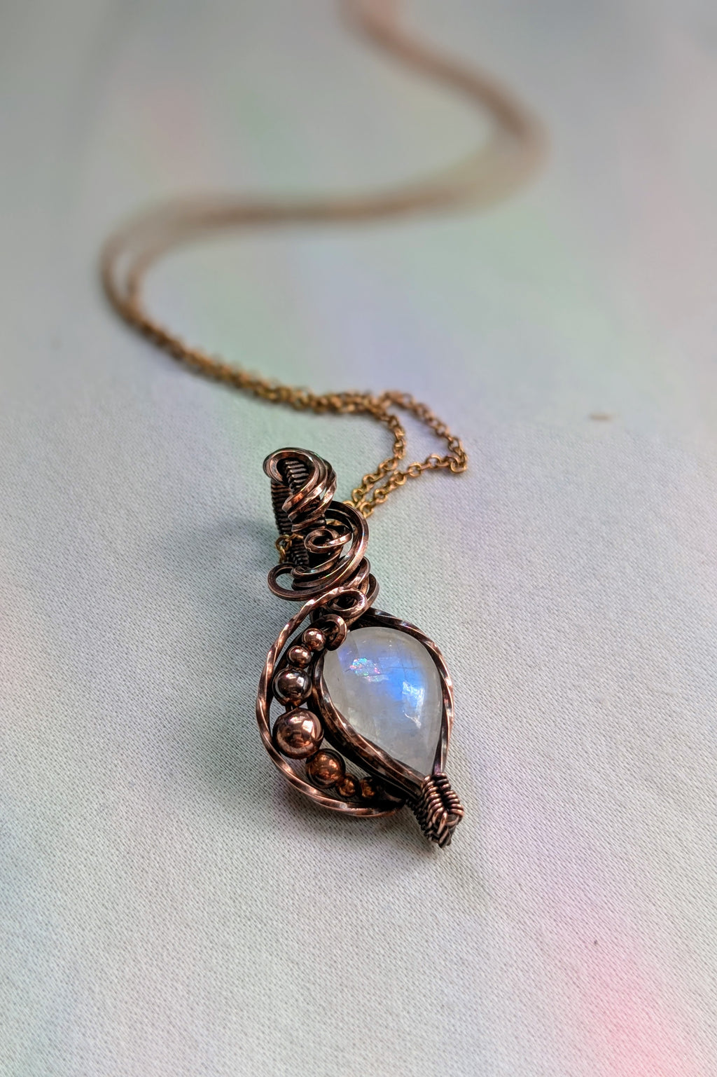 Moonstone and Copper Wire Wrap Necklace