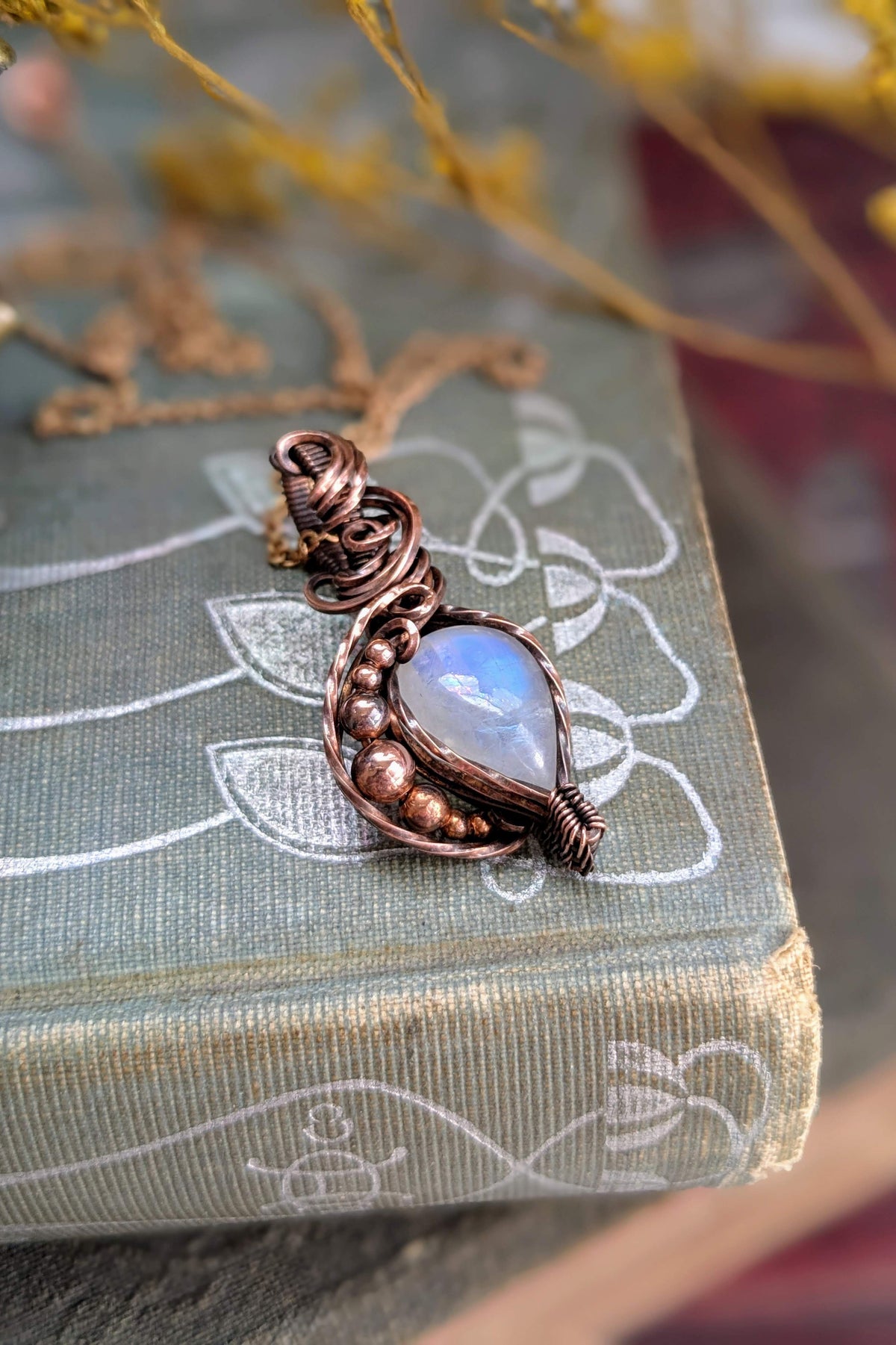 Moonstone and Copper Wire Wrap Necklace