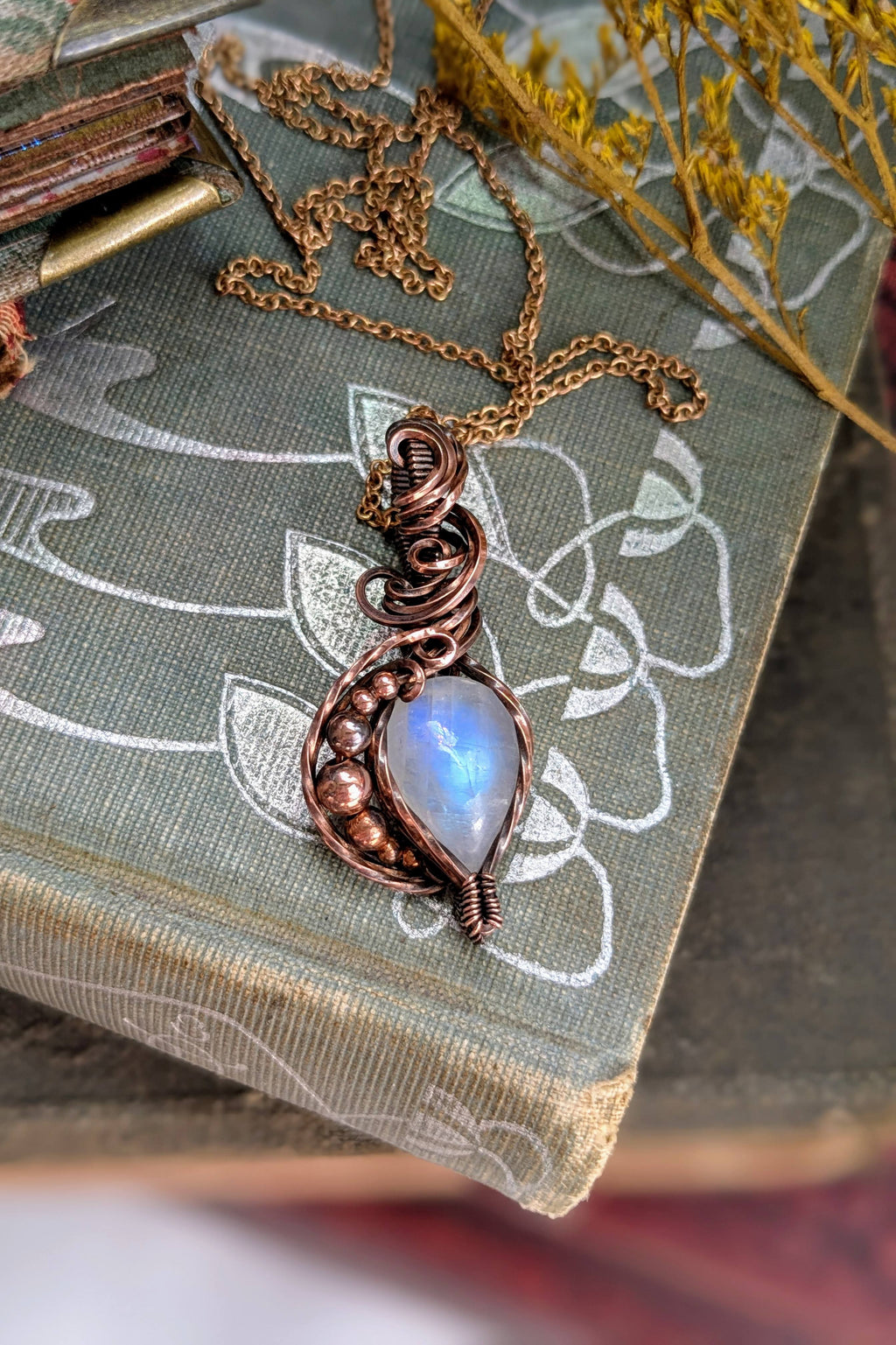 Moonstone and Copper Wire Wrap Necklace
