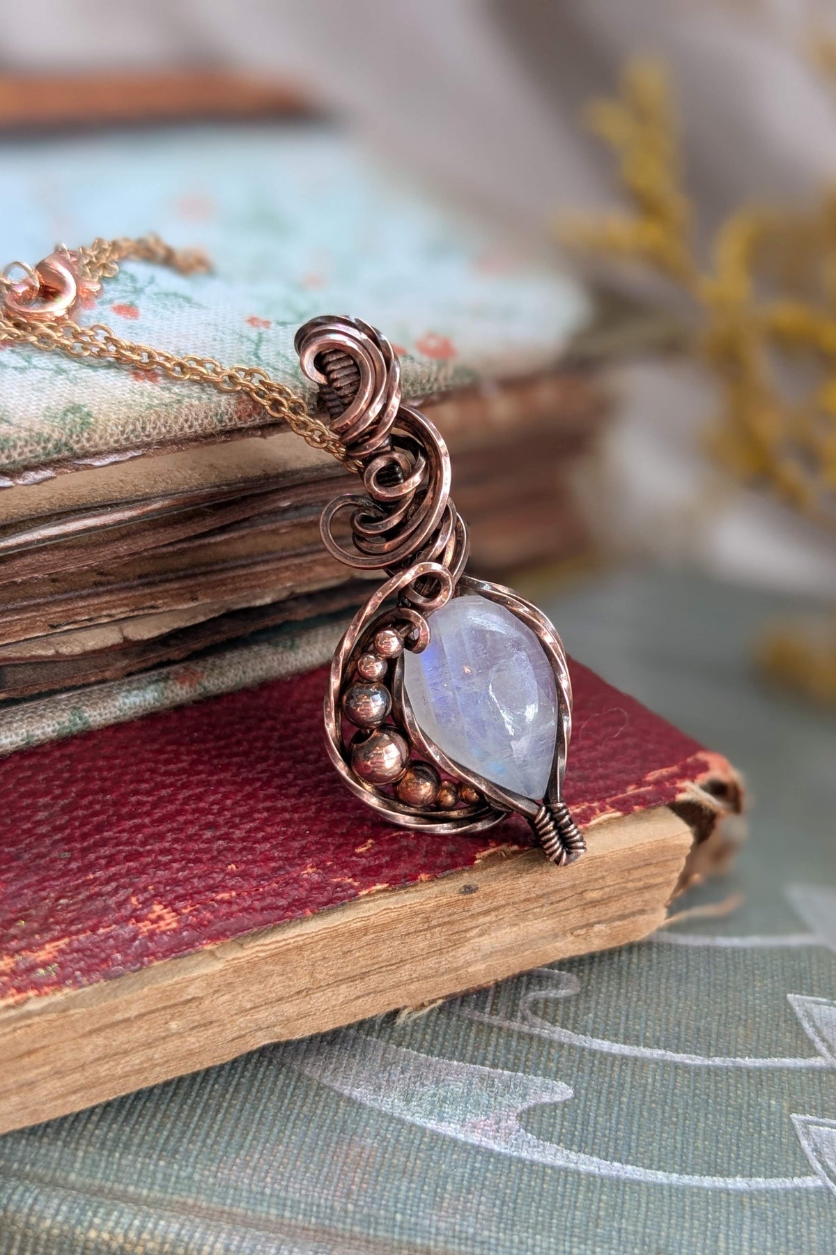 Moonstone and Copper Wire Wrap Necklace