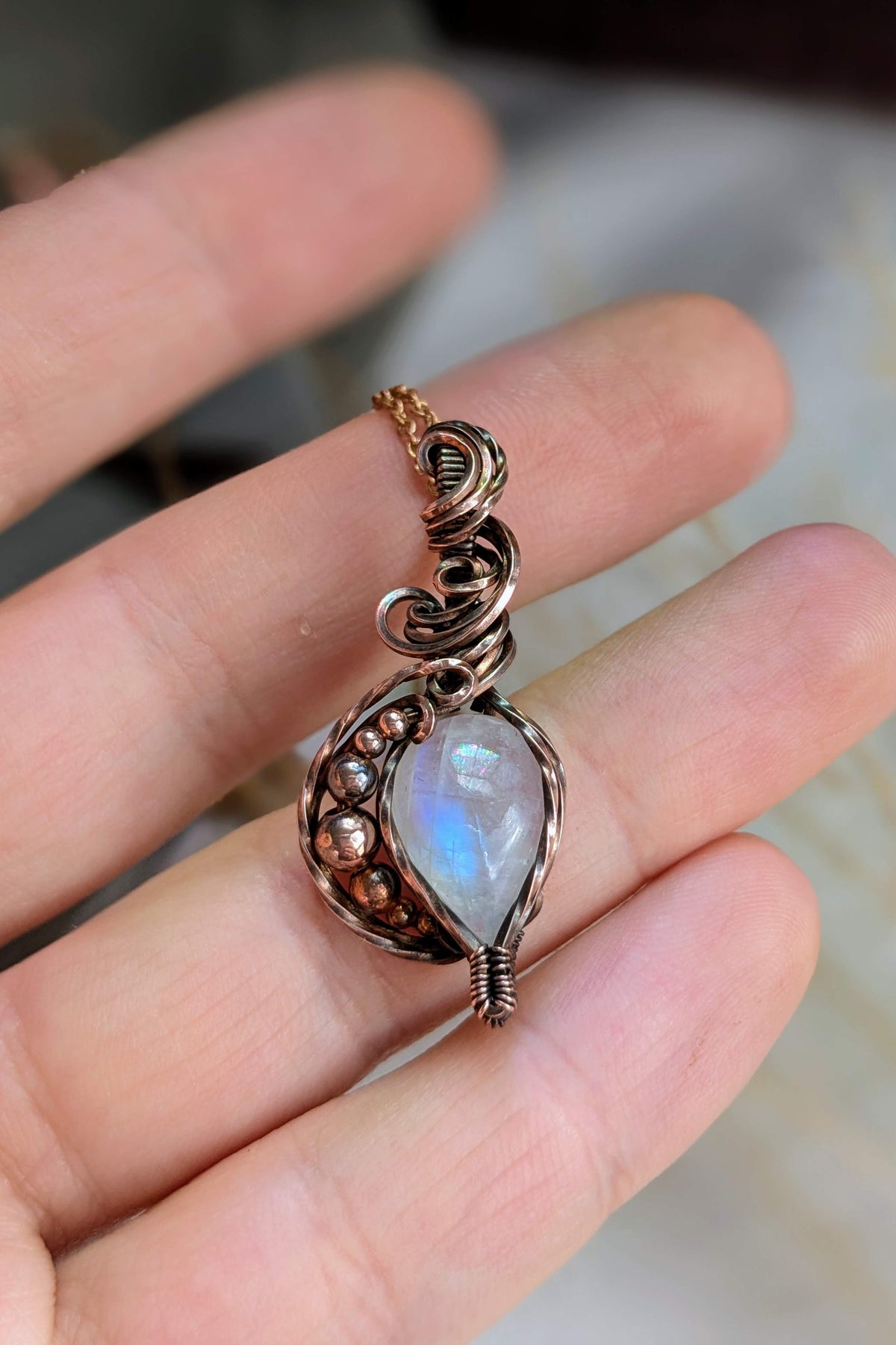 Moonstone and Copper Wire Wrap Necklace