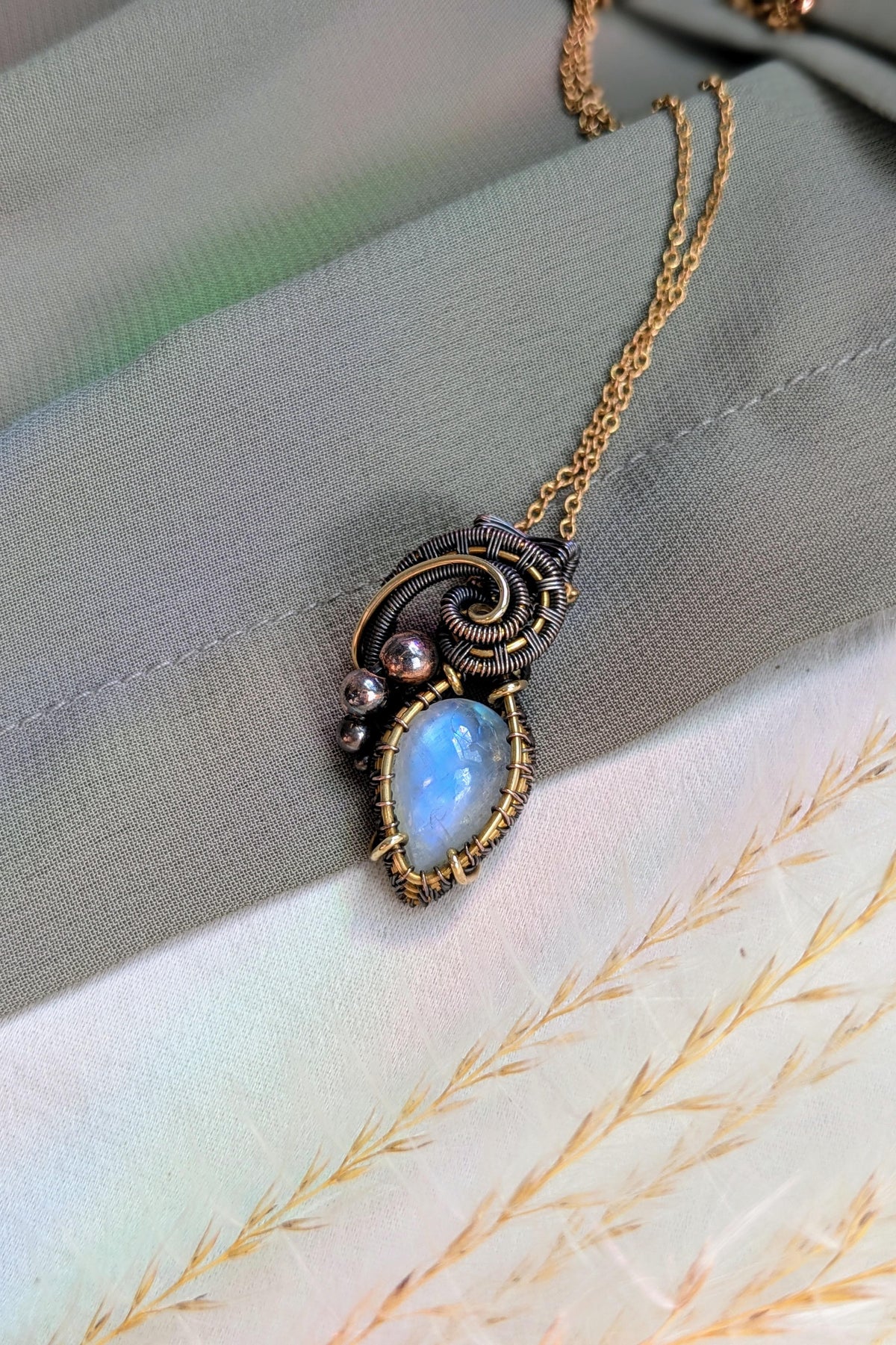 Bronze, Copper, Moonstone Wire Wrap Pendant