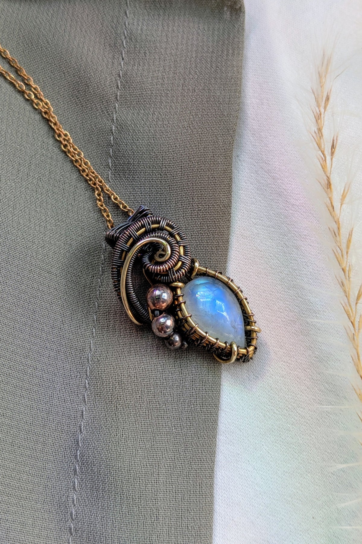 Bronze, Copper, Moonstone Wire Wrap Pendant