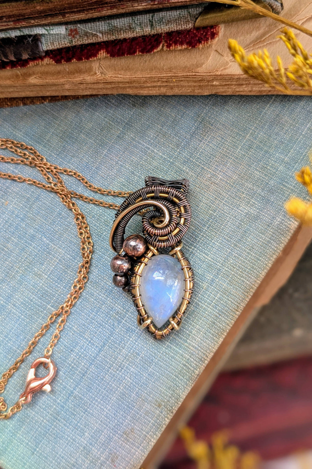 Bronze, Copper, Moonstone Wire Wrap Pendant