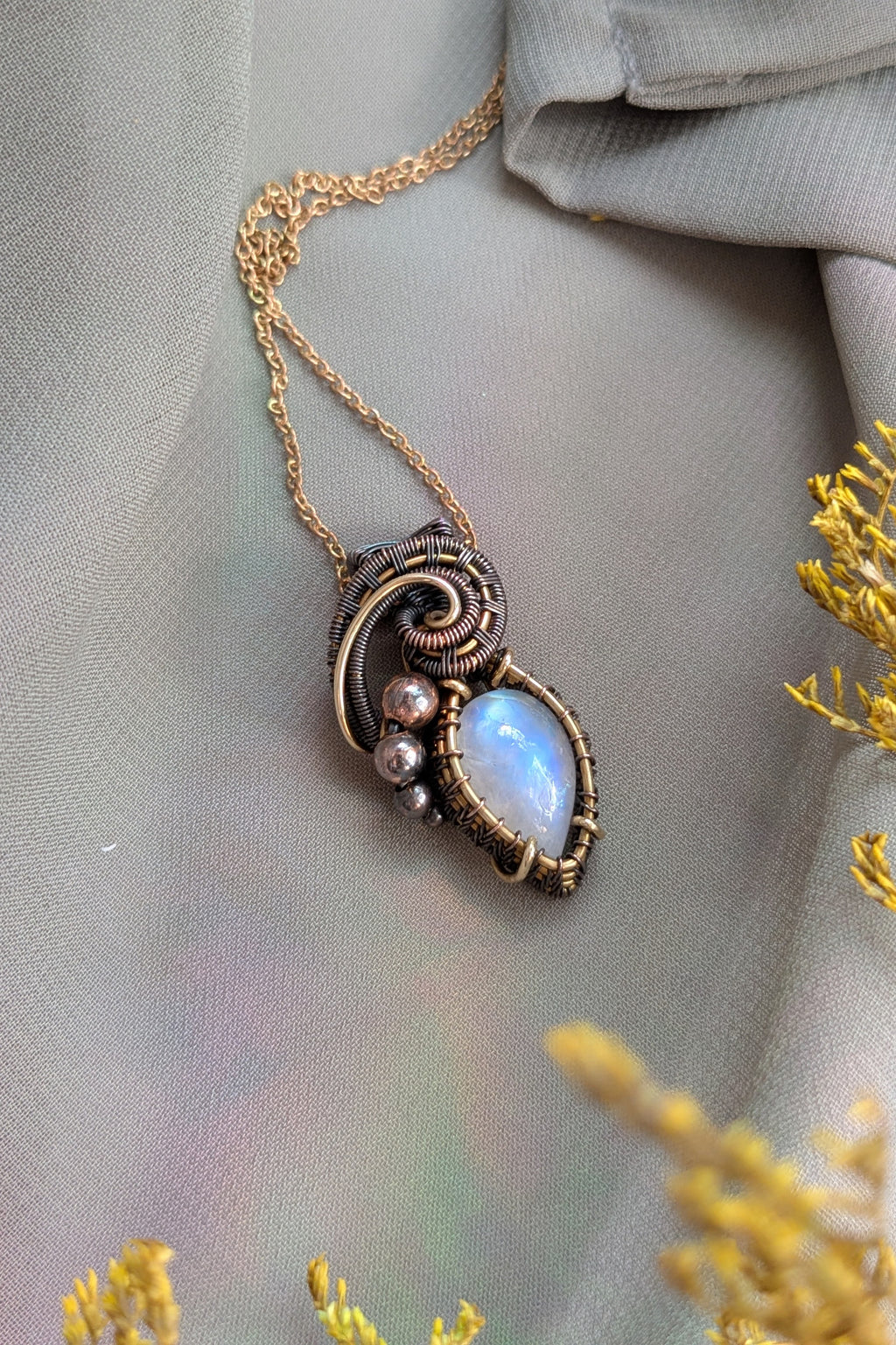 Bronze, Copper, Moonstone Wire Wrap Pendant