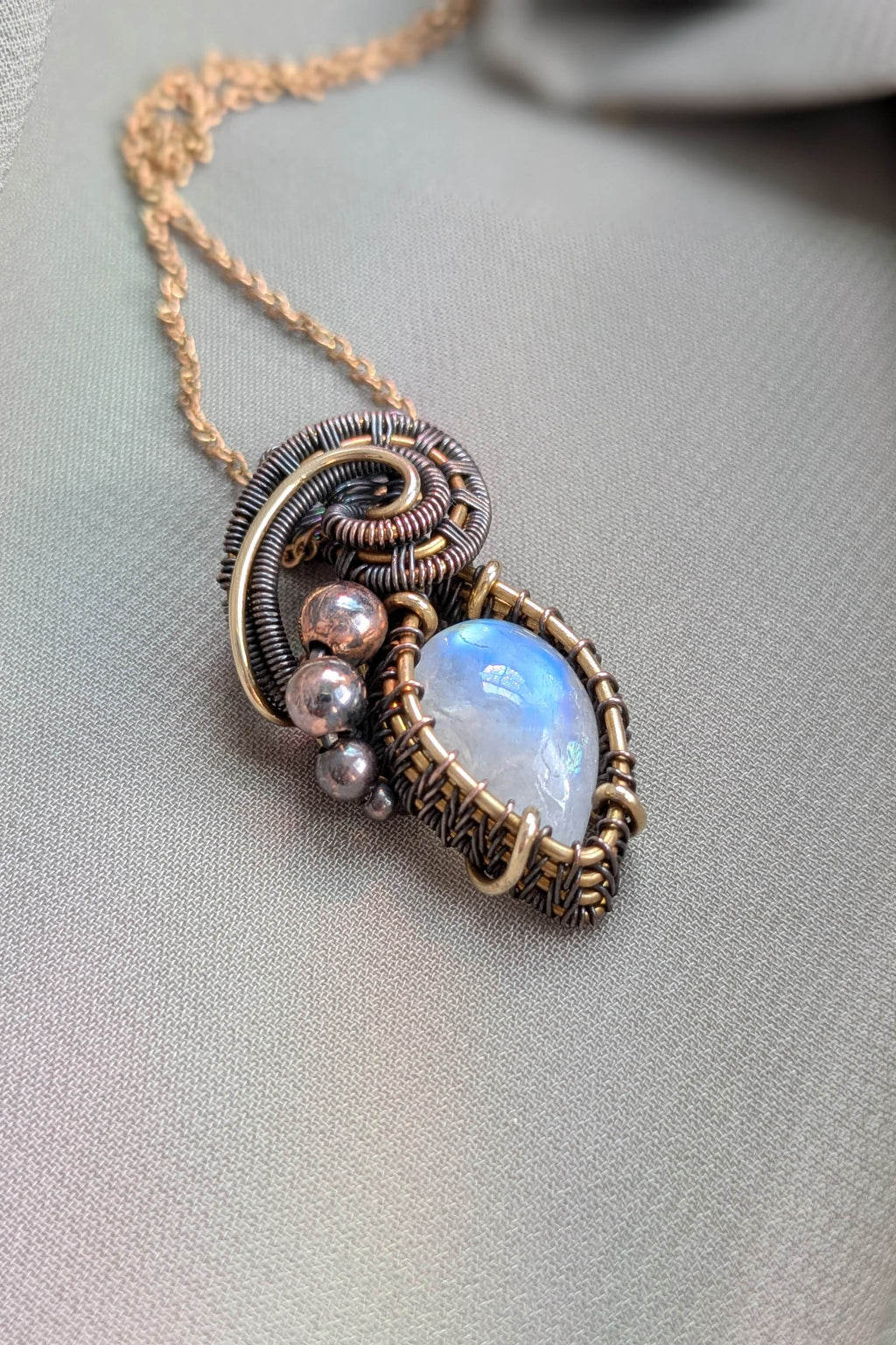 Bronze, Copper, Moonstone Wire Wrap Pendant