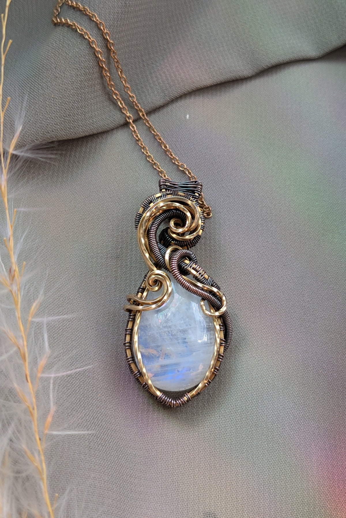 Handcrafted Brass & Copper Wire Wrap Moonstone Necklace