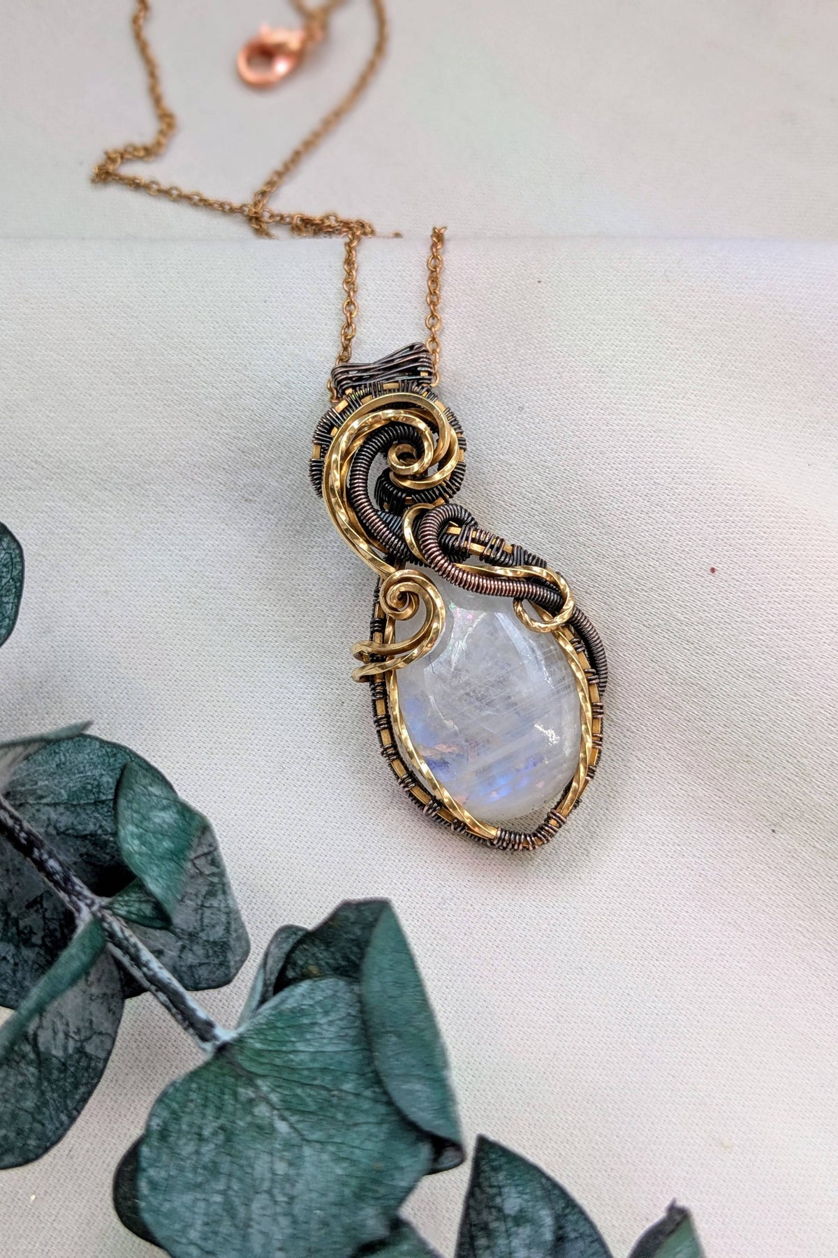 Handcrafted Brass & Copper Wire Wrap Moonstone Necklace