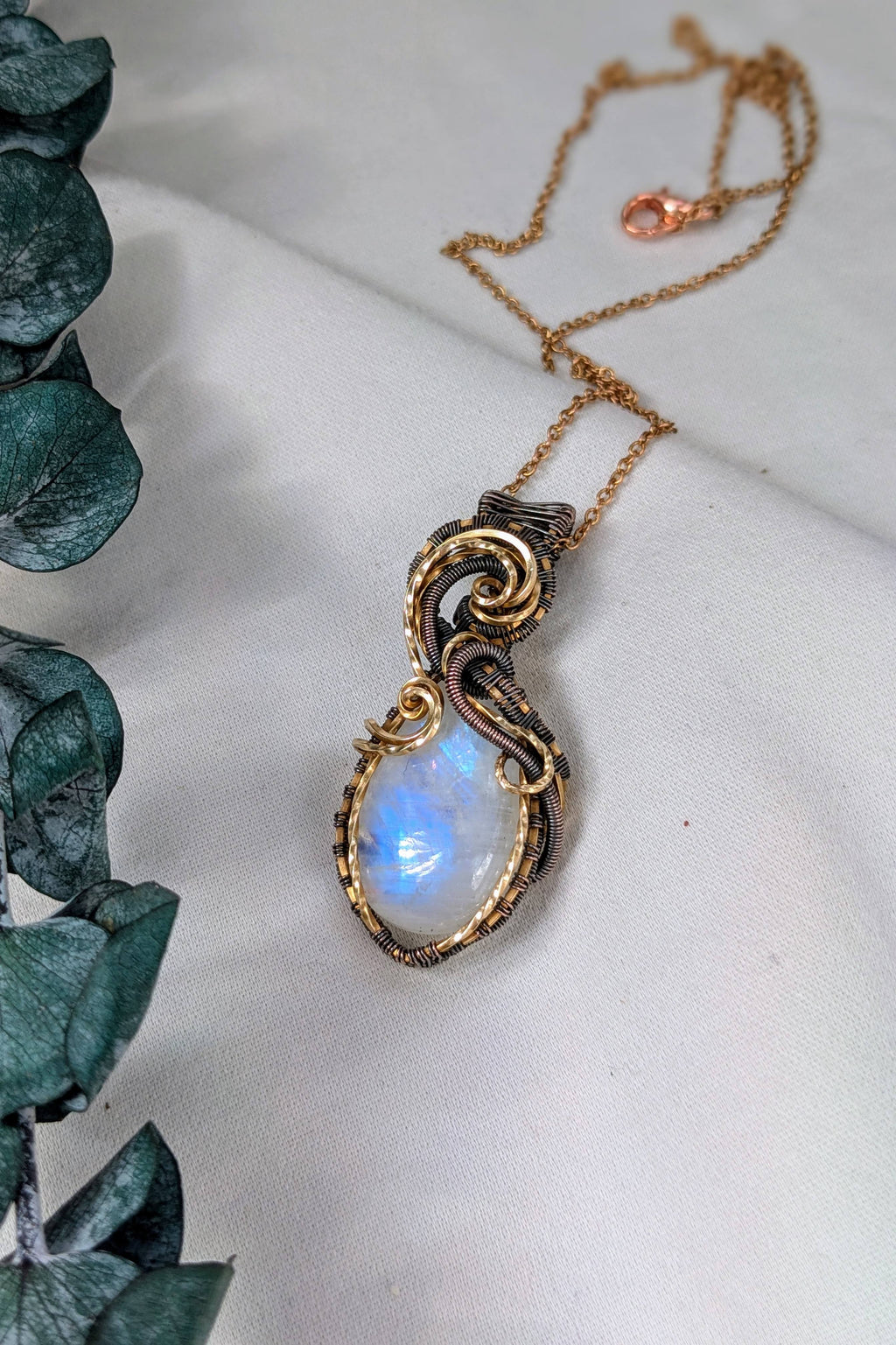 Handcrafted Brass & Copper Wire Wrap Moonstone Necklace