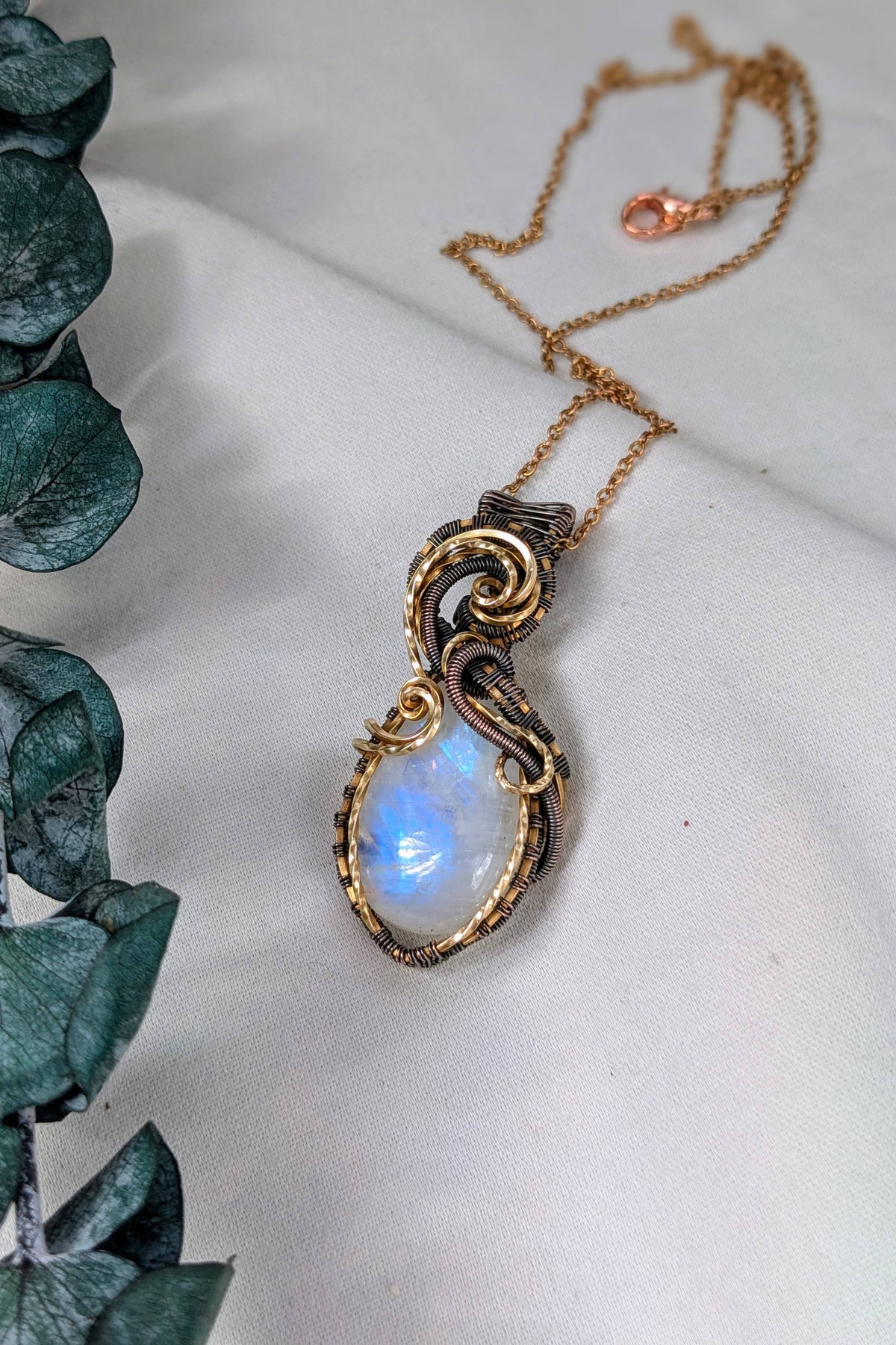 Handcrafted Brass & Copper Wire Wrap Moonstone Necklace